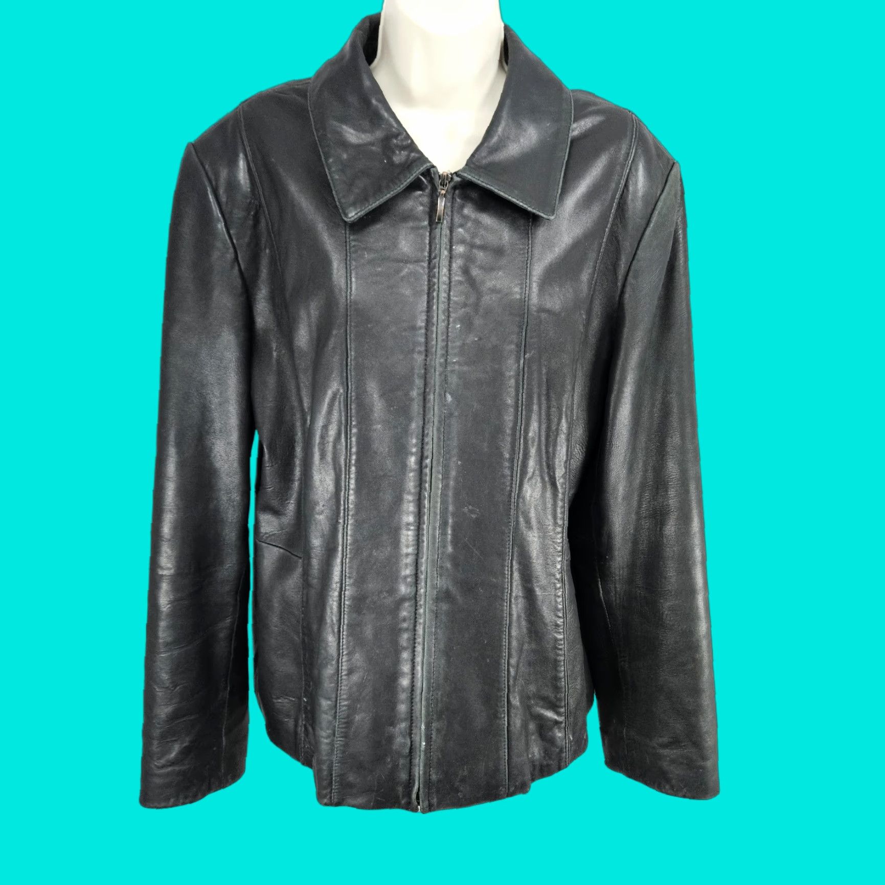 Nautica Black Leather Point Collared Pockets Full Zip Lined Classic Jacket XL