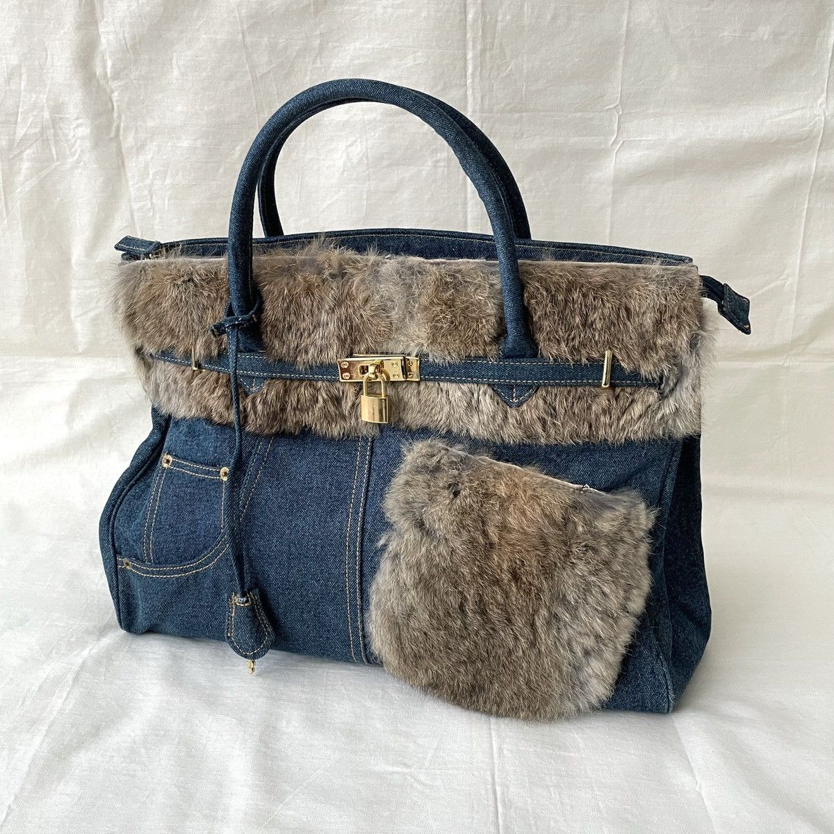 Japanese Brand Birkin Style Denim and Fur Handmade Bag Japan Size ONE SIZE - 2 Thumbnail