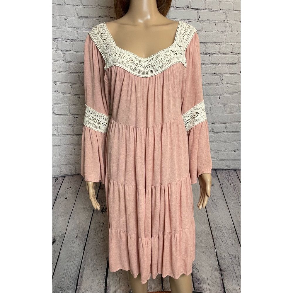 Other My Story Peach Tiered Bell Sleeve Crochet Trim Dress Size L Size L / US 10 / IT 46 - 9 Thumbnail