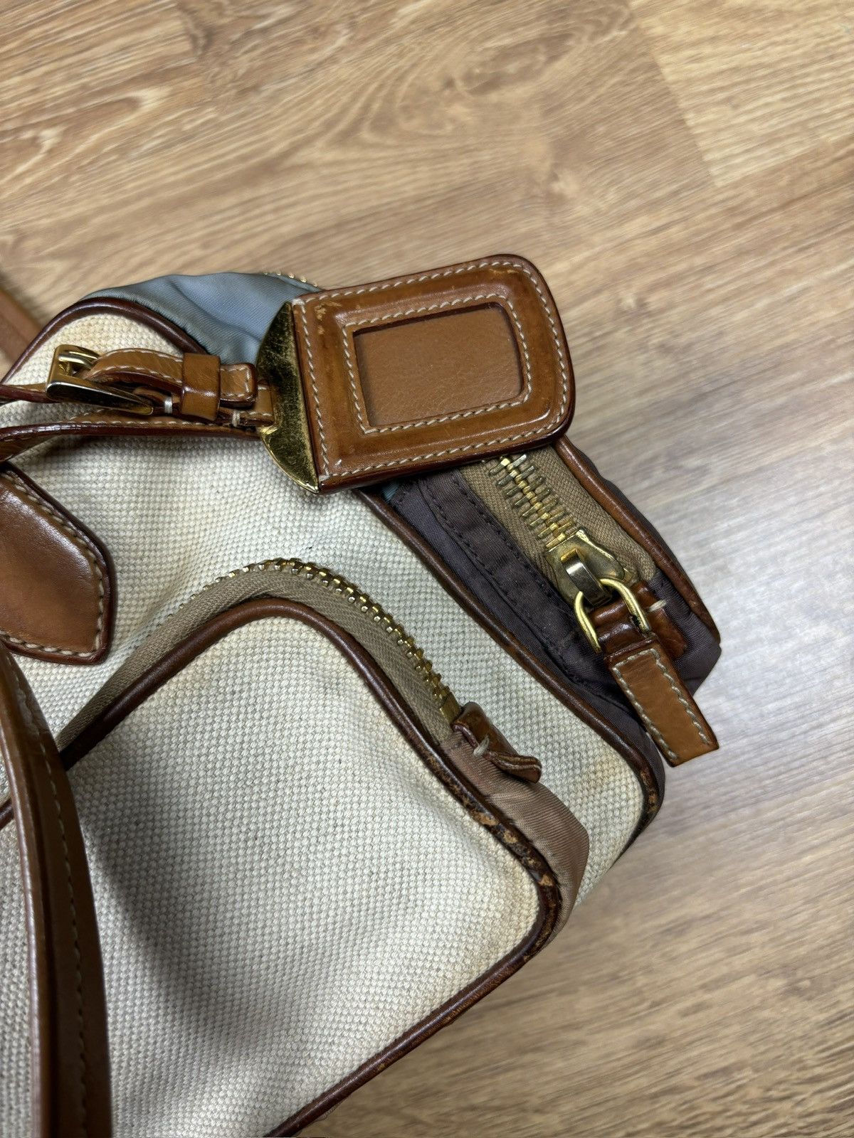 Prada Prada Beige Canvas & Brown Leather Shoulder Bag Size ONE SIZE - 6 Thumbnail