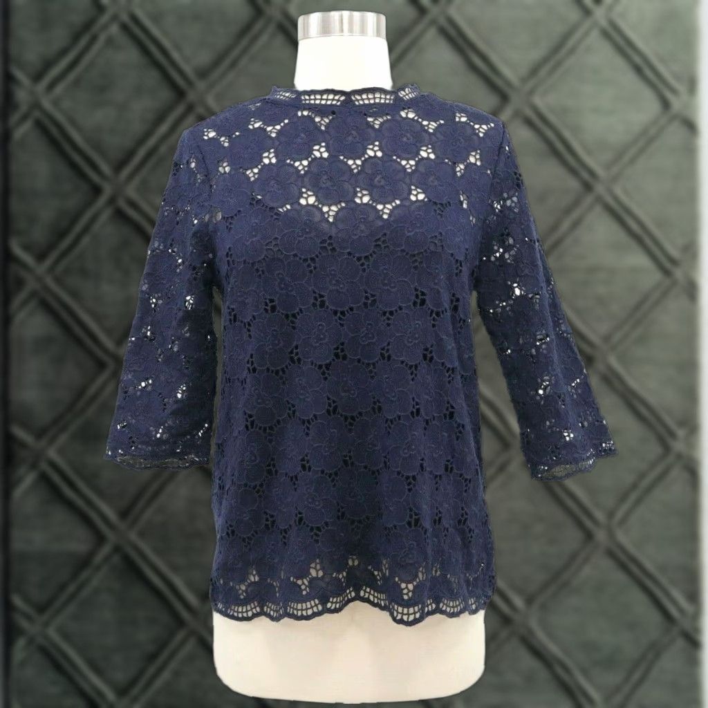 VINTAGE J.CREW Collection Blouse Top XS Lace Floral Mockneck Shirt Women Navy Blue