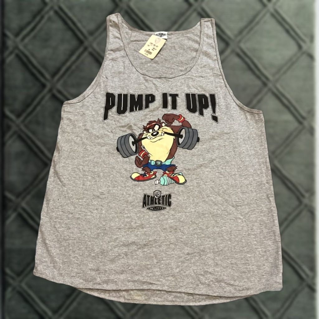 VINTAGE 90s Taz Looney Tunes Pump It Up Grey Tank Top Shirt NWT NOS Medium
