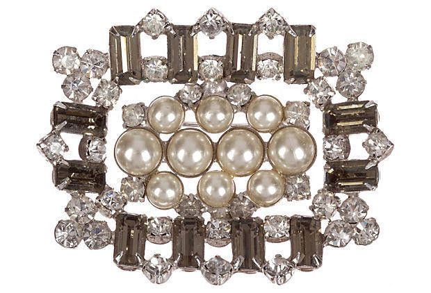 Designer Rectangular Rhinestone & Simulated Pearl Pin Size ONE SIZE - 1 Thumbnail