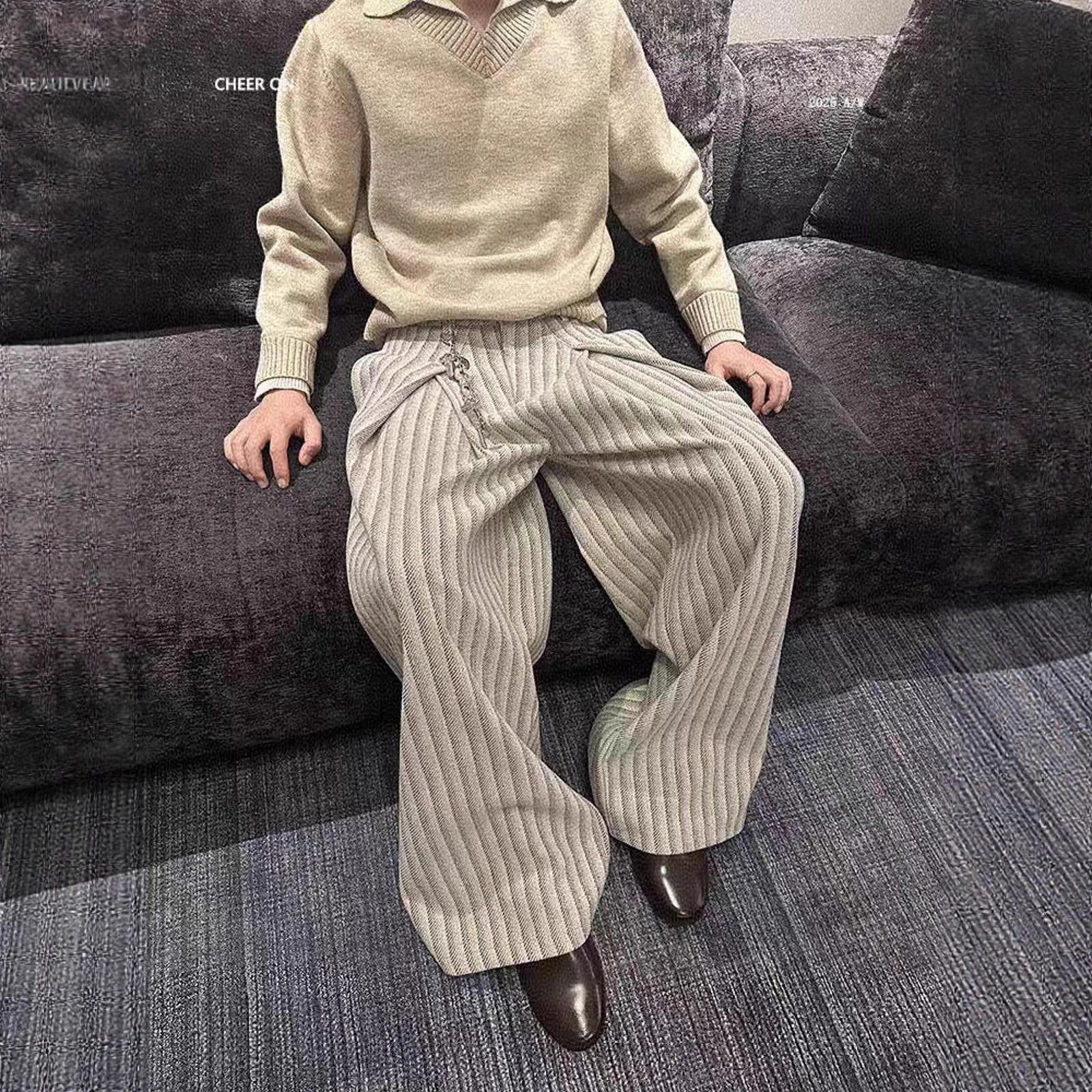 Wide Leg Striped Casual Pants, Relaxed Fit Trousers