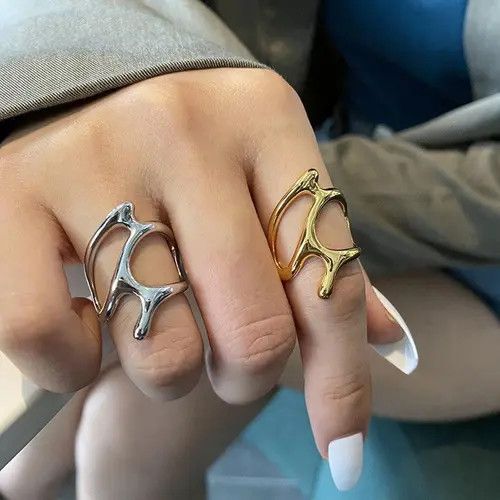 Jewelry Liquid Metal Chunky Hollow Open Adjustable Set Of Rings Size ONE SIZE - 2 Thumbnail