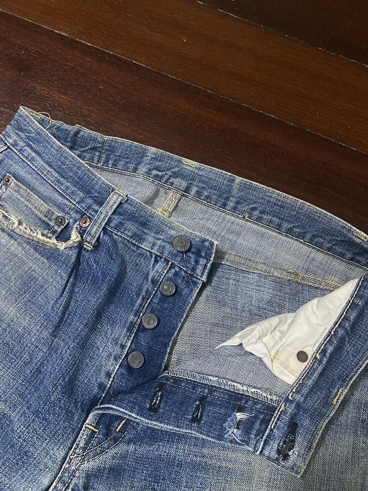 OMNIGOD Rare vintage Omnigod Distressed orenge Selvedge Jeans rework Size US 32 / EU 48 - 8 Thumbnail