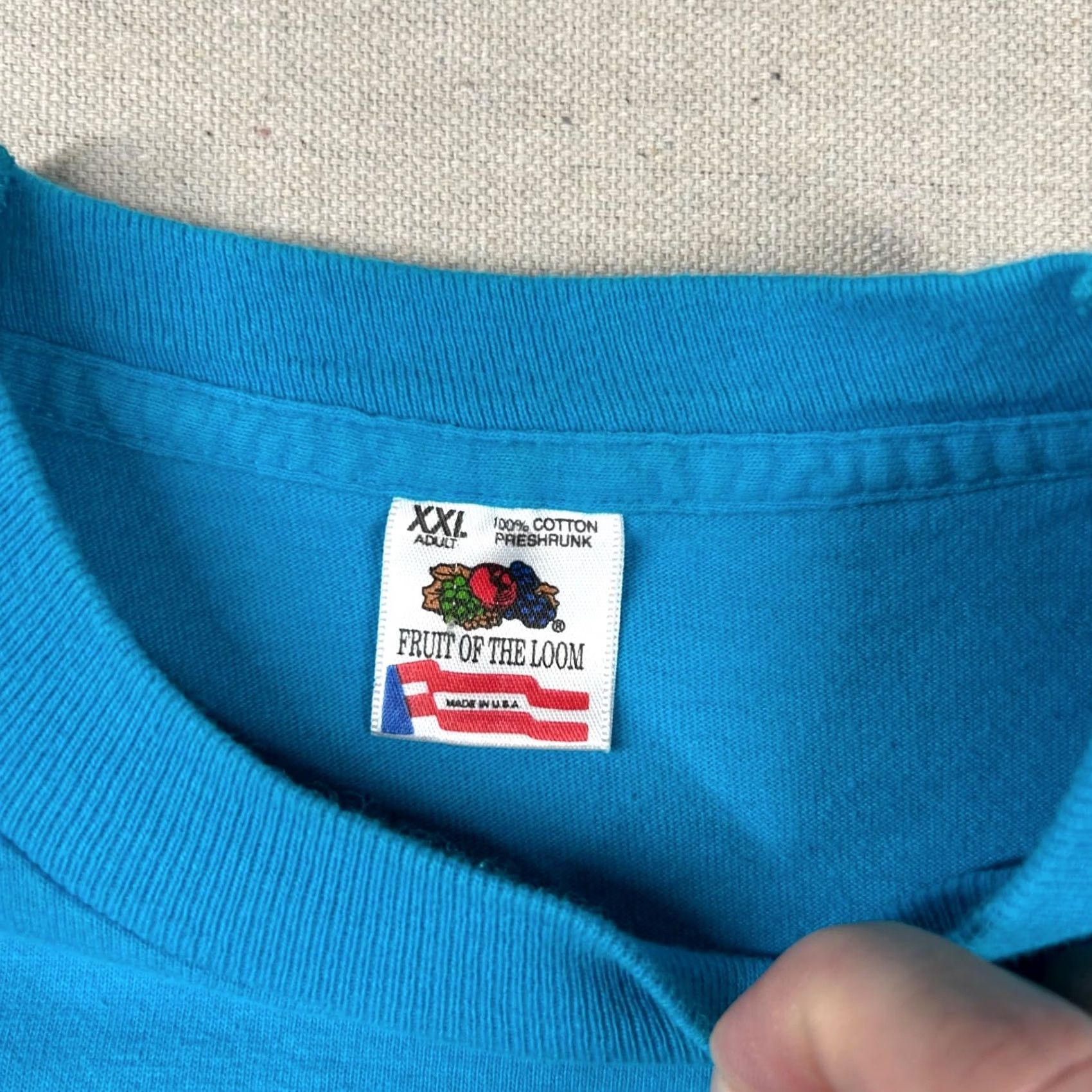 Fruit Of The Loom VINTAGE Fruit of the Loom Shirt Mens 2XL Crew Neck Short Sleeve Blue Cotton Knit 80s 90s Obscure Fun USA Size US XXL / EU 58 / 5 - 3 Thumbnail