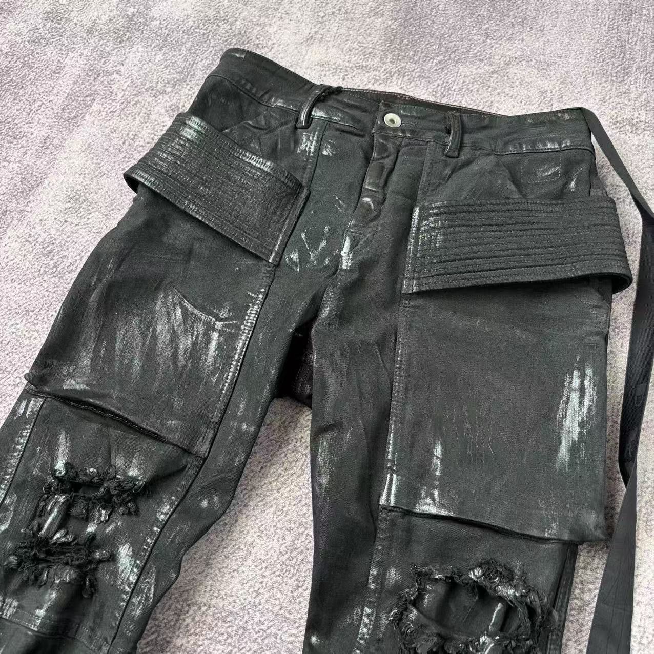 Rick Owens Drkshdw Rick Owens DRKSHDW Waxed Easy Creatch Distressed Denim Pants Size US 29 - 4 Thumbnail