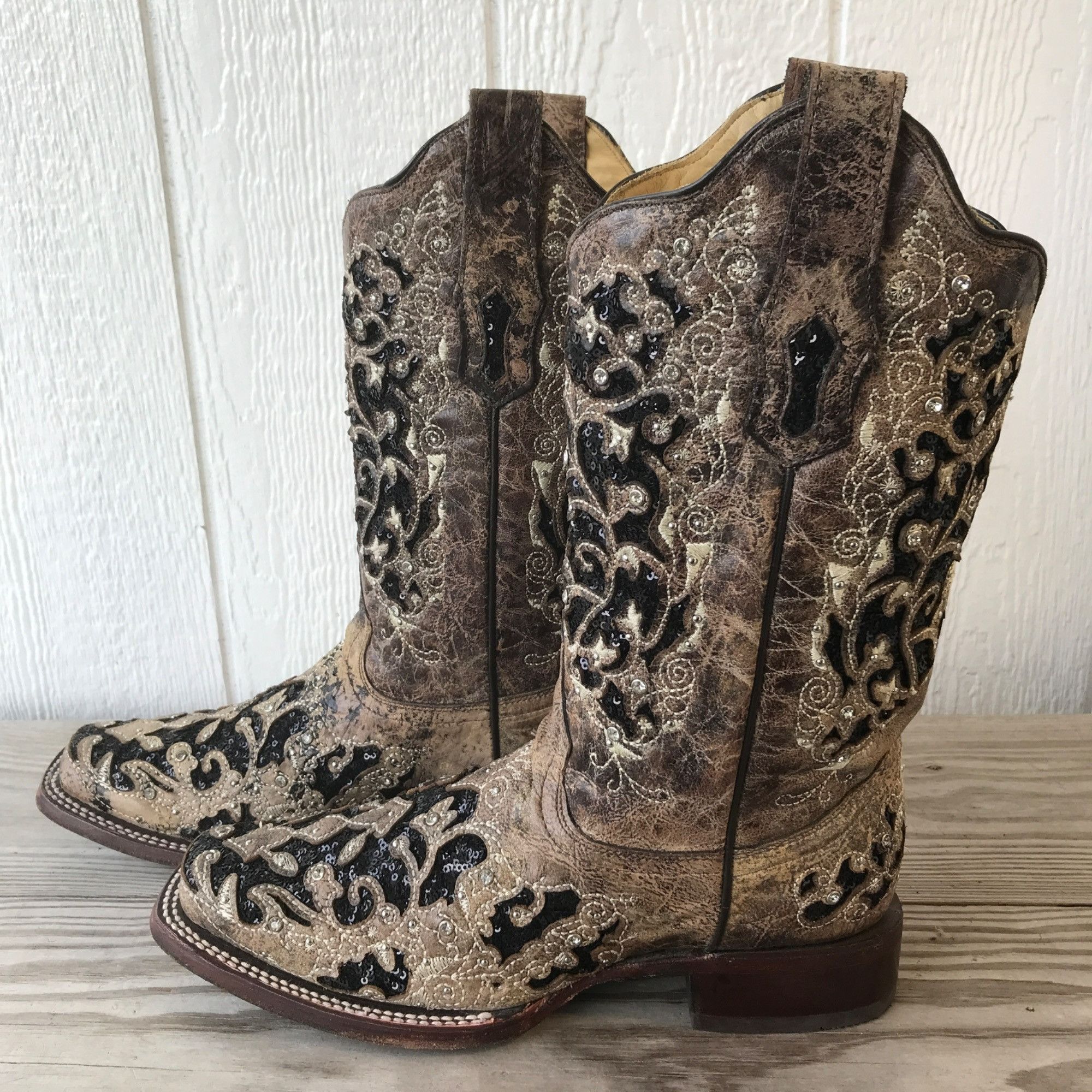 image of Corral Black Sequin Womens Rhinestone Embroidered Boots 11 M in Tan