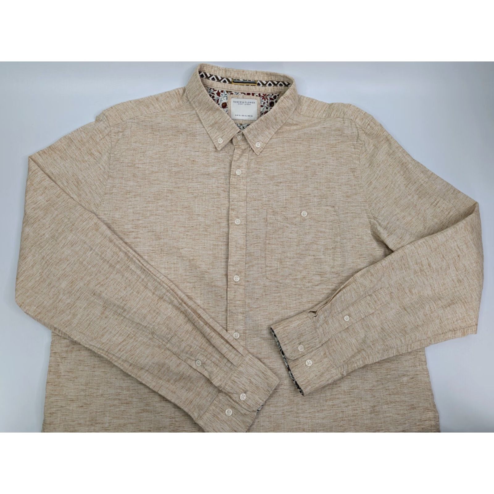 Denime Ricky Singh Shirt Mens XL Beige Denim Flower L/S Floral Button Cuff Size US XL / EU 56 / 4 - 2 Thumbnail