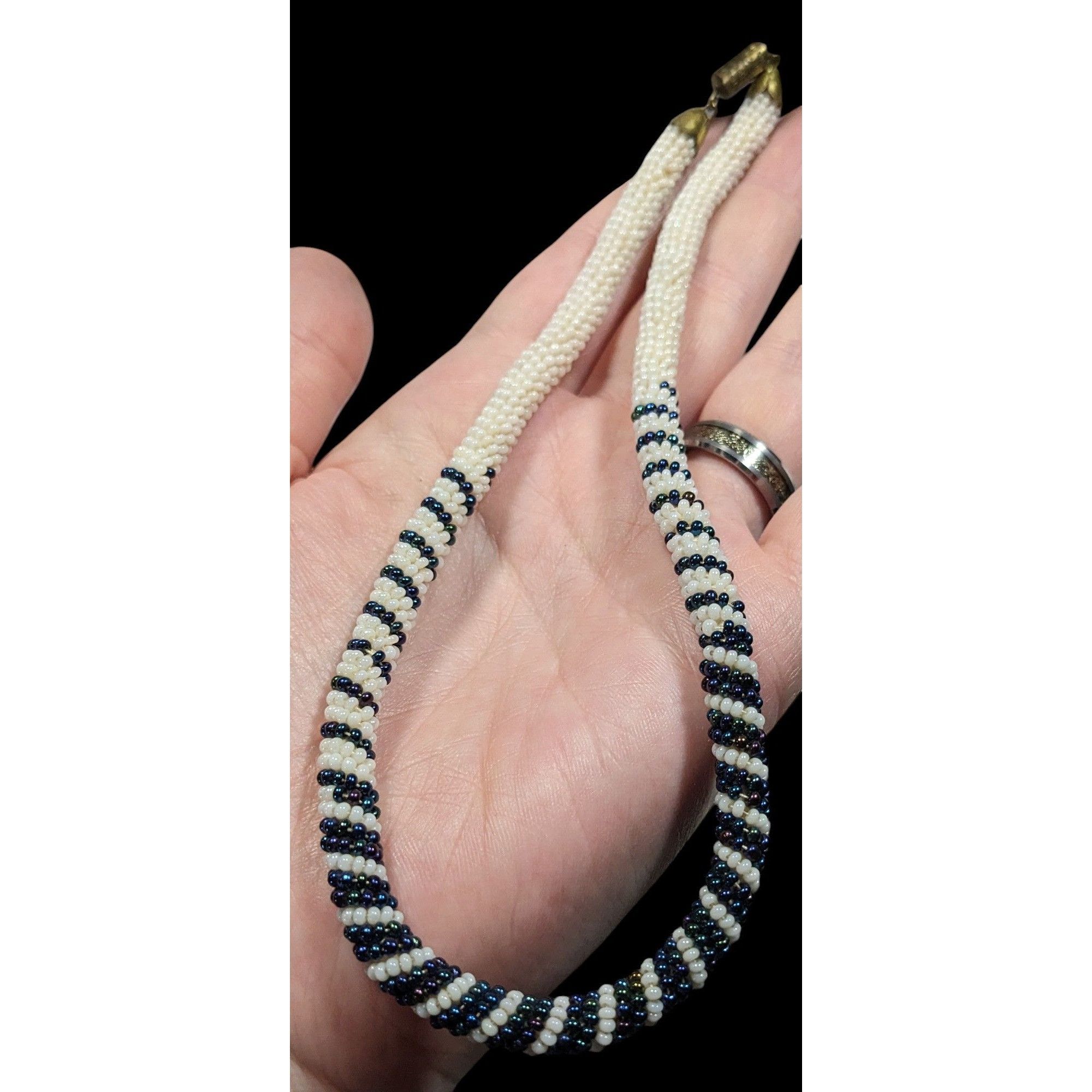 Handmade Vintage Handmade White And Blue/Black Beaded Rope Necklace Size ONE SIZE - 5 Thumbnail