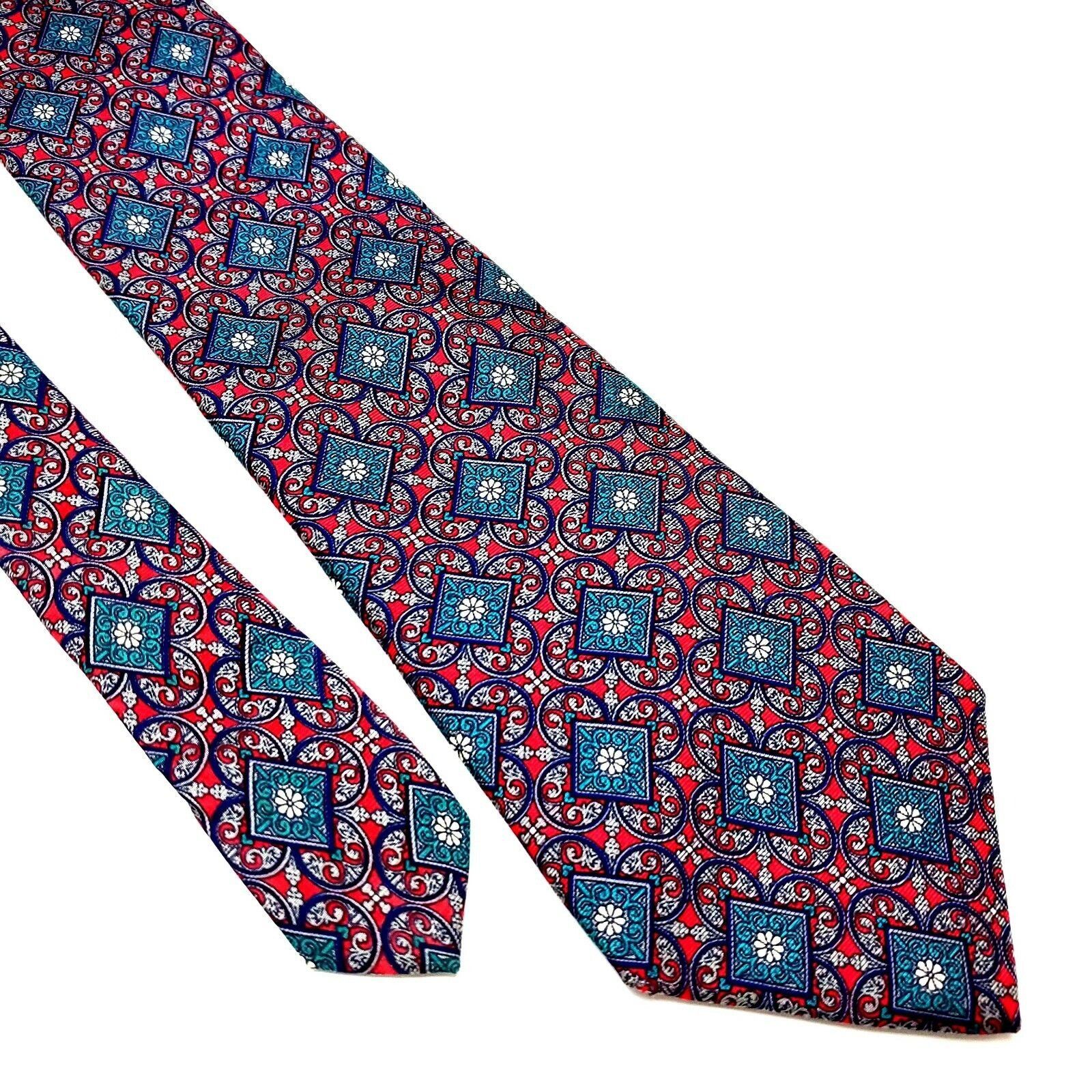 Christian Dior Monsieur Christian Dior Silk Tie Print Red Teal Geometric Short Size ONE SIZE - 1 Thumbnail