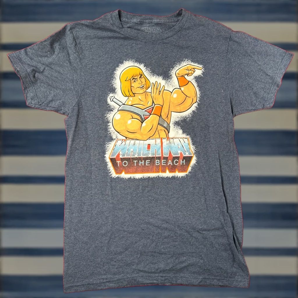 Threadless He-Man T-Shirt Men’s Heather Blue S Which Way To The Beach Cotton Blend Crew Neck Short Sleeve Graphic 80s Masters Fans Mens, Men’s