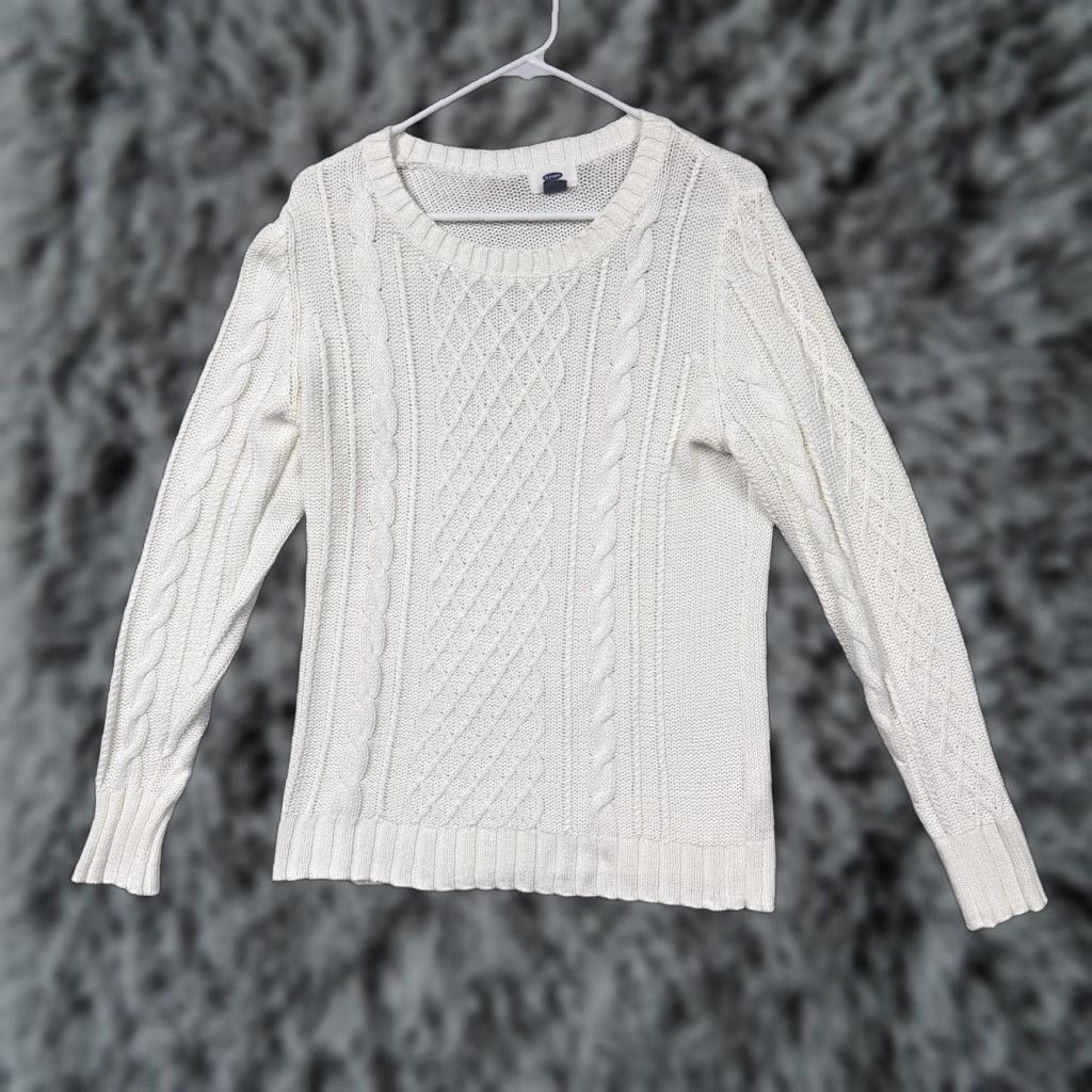 Old Navy Old Navy Sweater Womens L White Cable Knit Crewneck Coastal Winter Chic Normcore Size L / US 10 / IT 46 - 1 Thumbnail