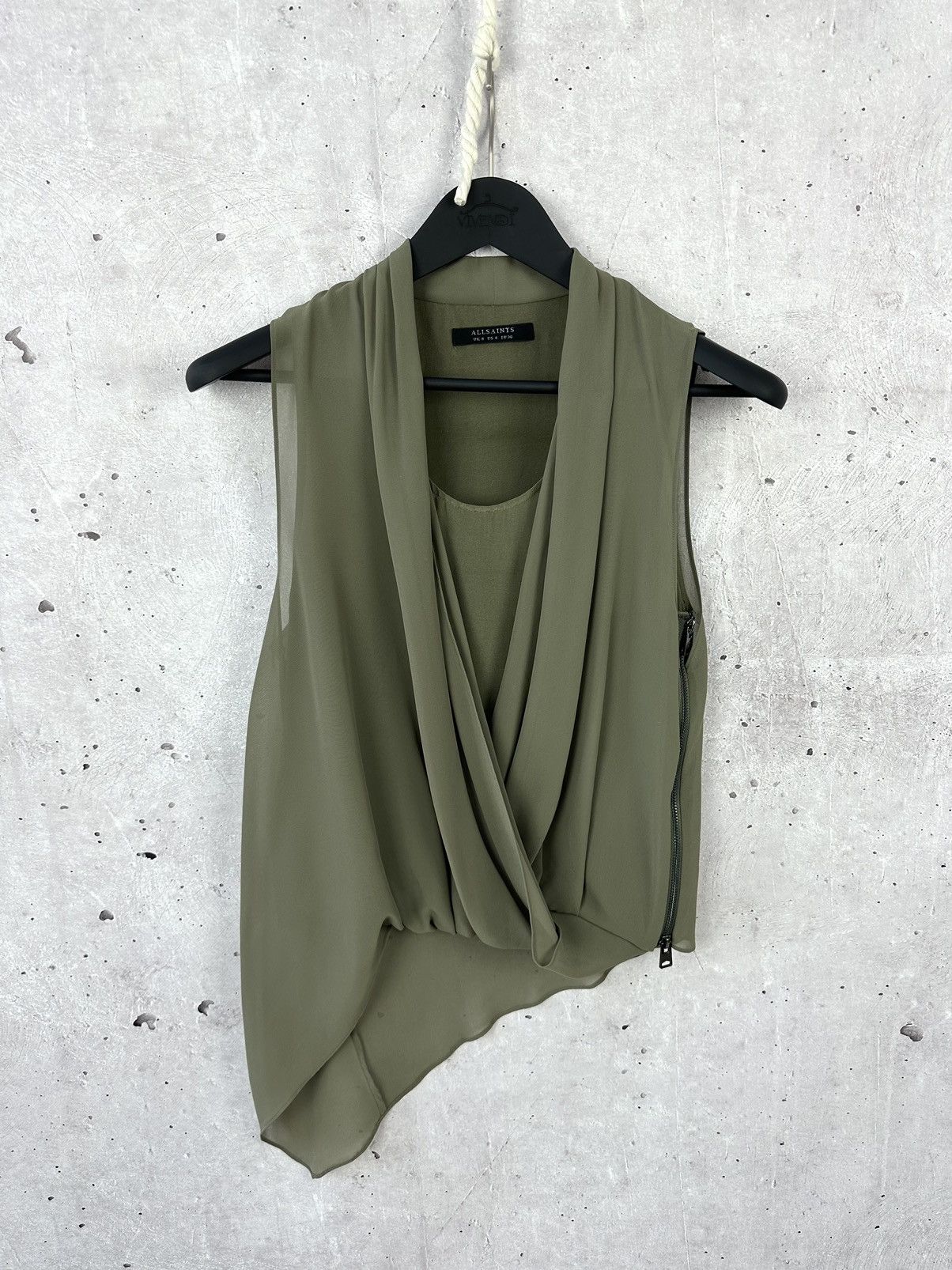 Allsaints × Designer Allsaints Abi Vik Khaki Asymmetrical Viscose Blouse Top Size S / US 4 / IT 40 - 1 Thumbnail