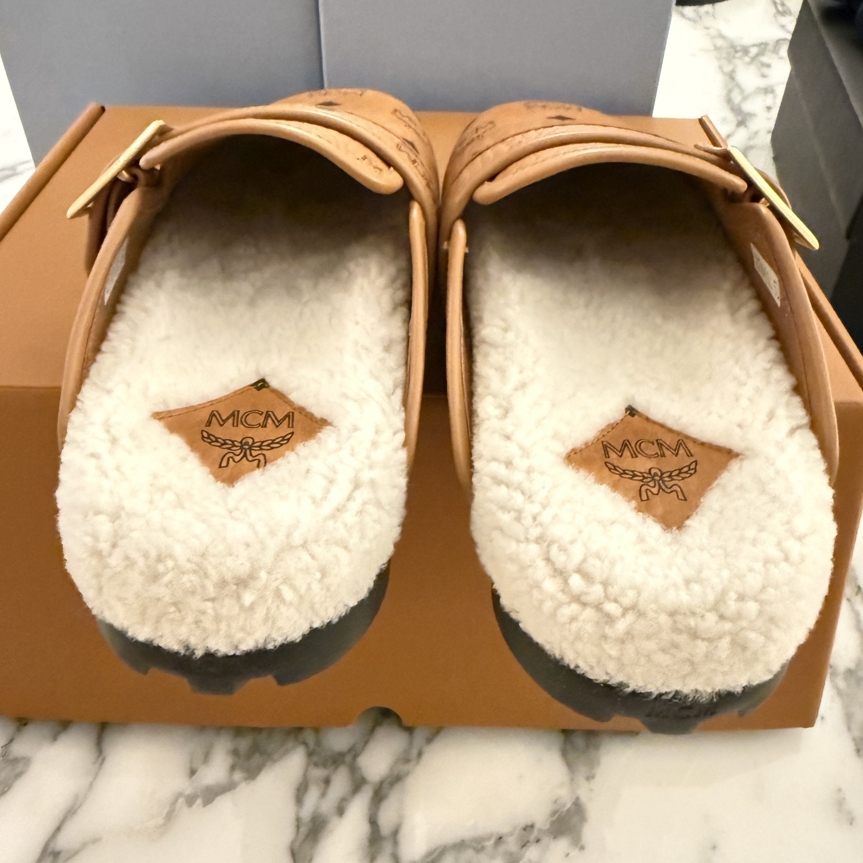 MCM Cognac Visetos Shearling-lined Clogs Mules Shoes EU 40
