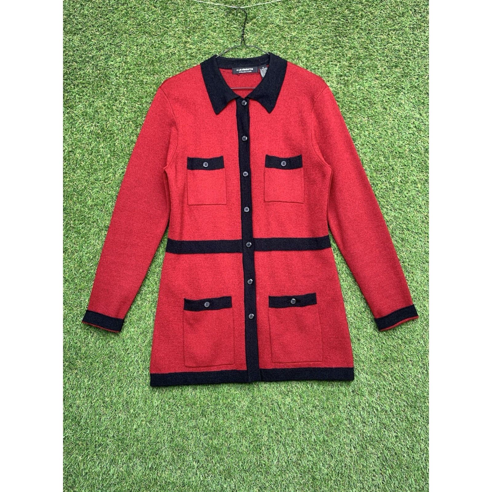 Liz Claiborne VINTAGE Liz Claiborne Merino Wool Cardigan Womens M Red with Black Trim Crew Neck Long Sleeve Beaded Pockets 90s, Classic, Modern Mens Womens Size M / US 6-8 / IT 42-44 - 2 Thumbnail