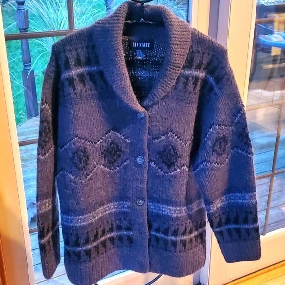 Vintage 111 State Wool Long Slv Grandpa Collared Grey Aztek Designed Size US S / EU 44-46 / 1 - 1 Thumbnail