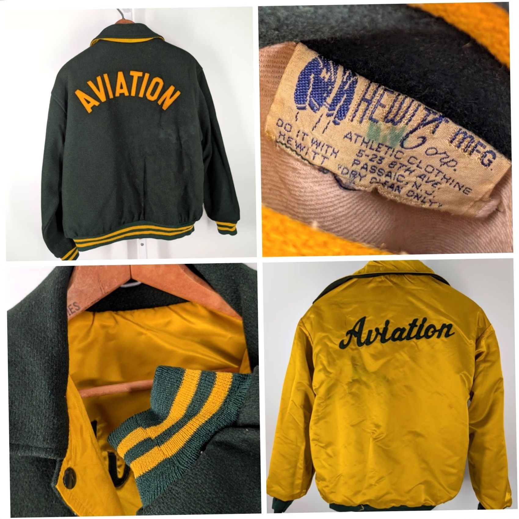 CO VINTAGE Hewitt Mfg Co AVIATION Reversible Letterman Varsity Jacket USA Wool Nylon 1950s 46" Chest Golden Yellow Green Mens Women? Size US S / EU 44-46 / 1 - 2 Thumbnail