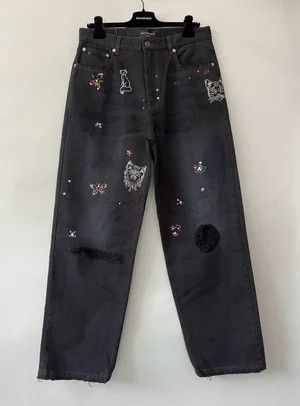 Balenciaga Rhinestone Scribble Baggy Denim Jeans Size US 30 / EU 46 - 1 Thumbnail