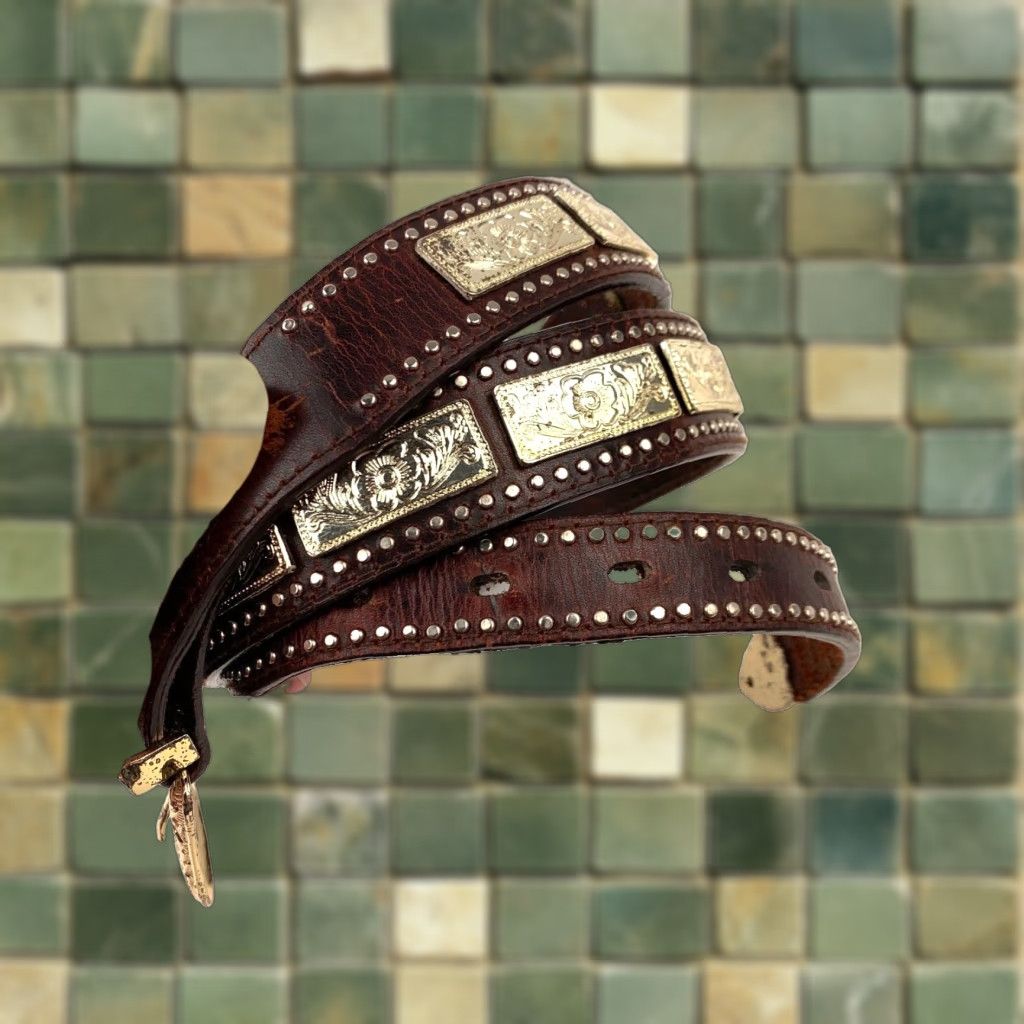 Vintage Nocona Belt Studded Floral Brown Leather 42 Men P910-0475 2.5in (47.5in) Gold Tone Concho Accent 1.25in Wide Size 42 - 1 Thumbnail