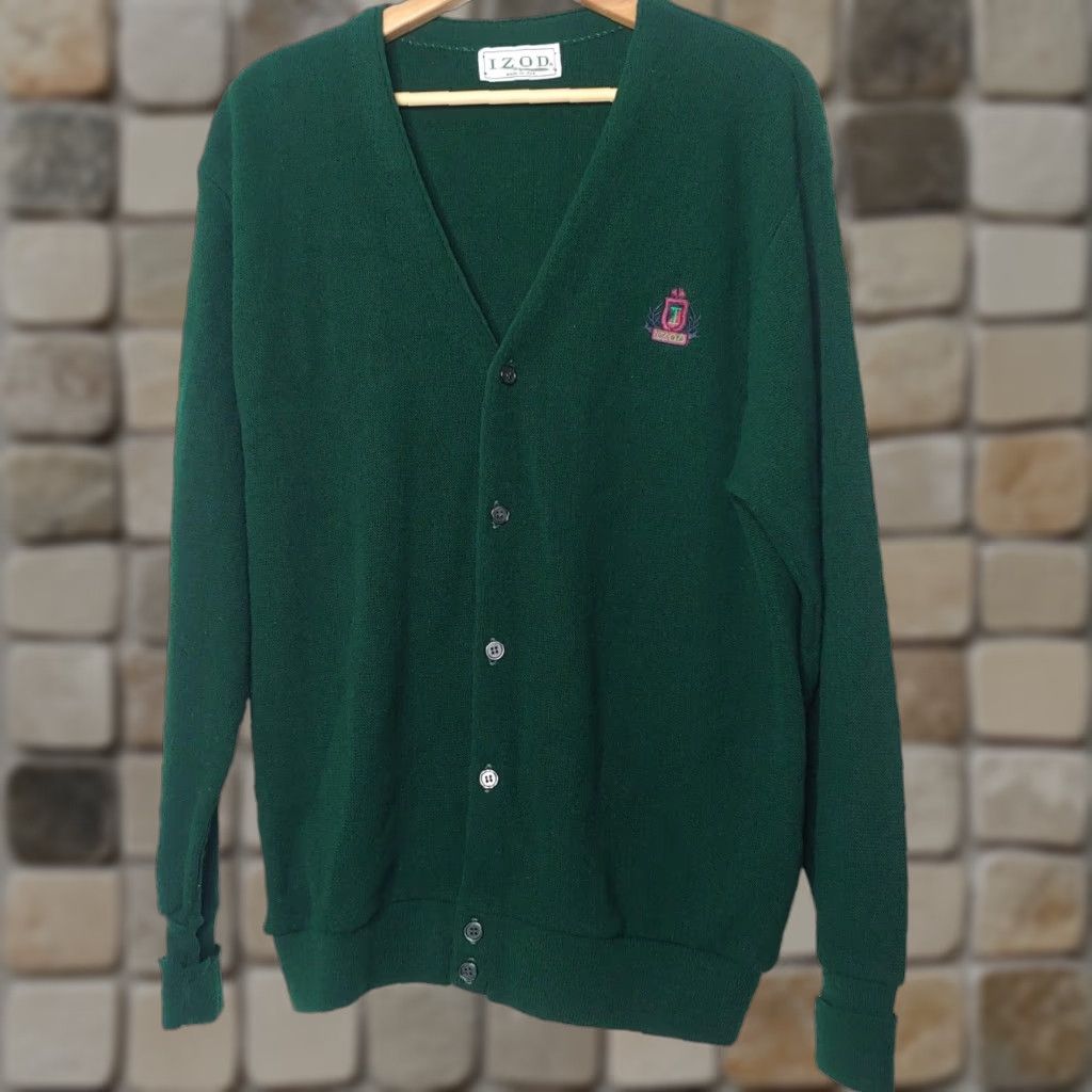 Izod VINTAGE IZOD Cardigan Sweater Men L Hunter Green V-Neck Knit Logo 80s Academia Grandpacore Grunge Size US L / EU 52-54 / 3 - 1 Thumbnail