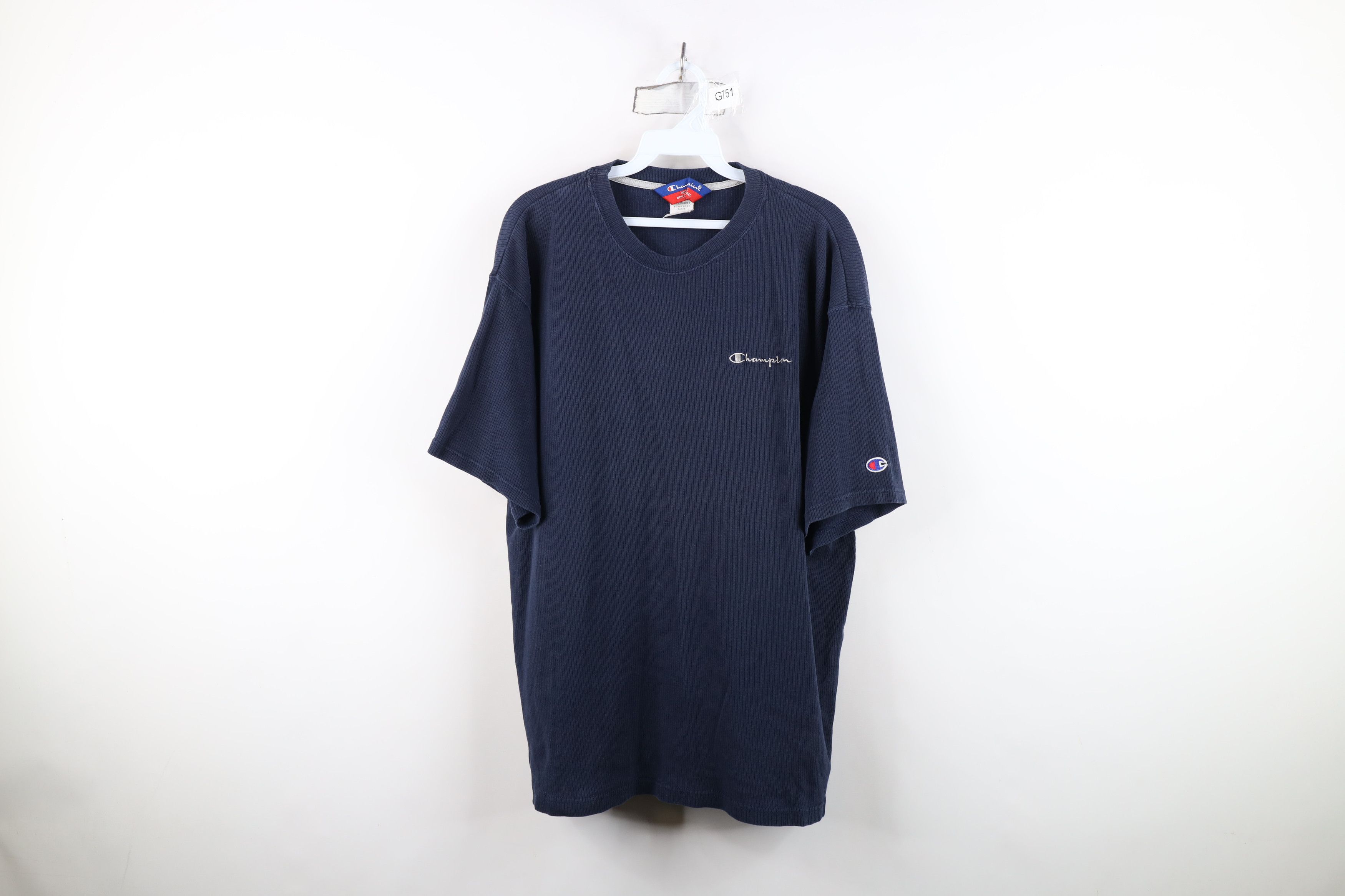 Champion Vintage 90s Champion Spell Out Ribbed Knit T-Shirt Blue Size US L / EU 52-54 / 3 - 1 Thumbnail