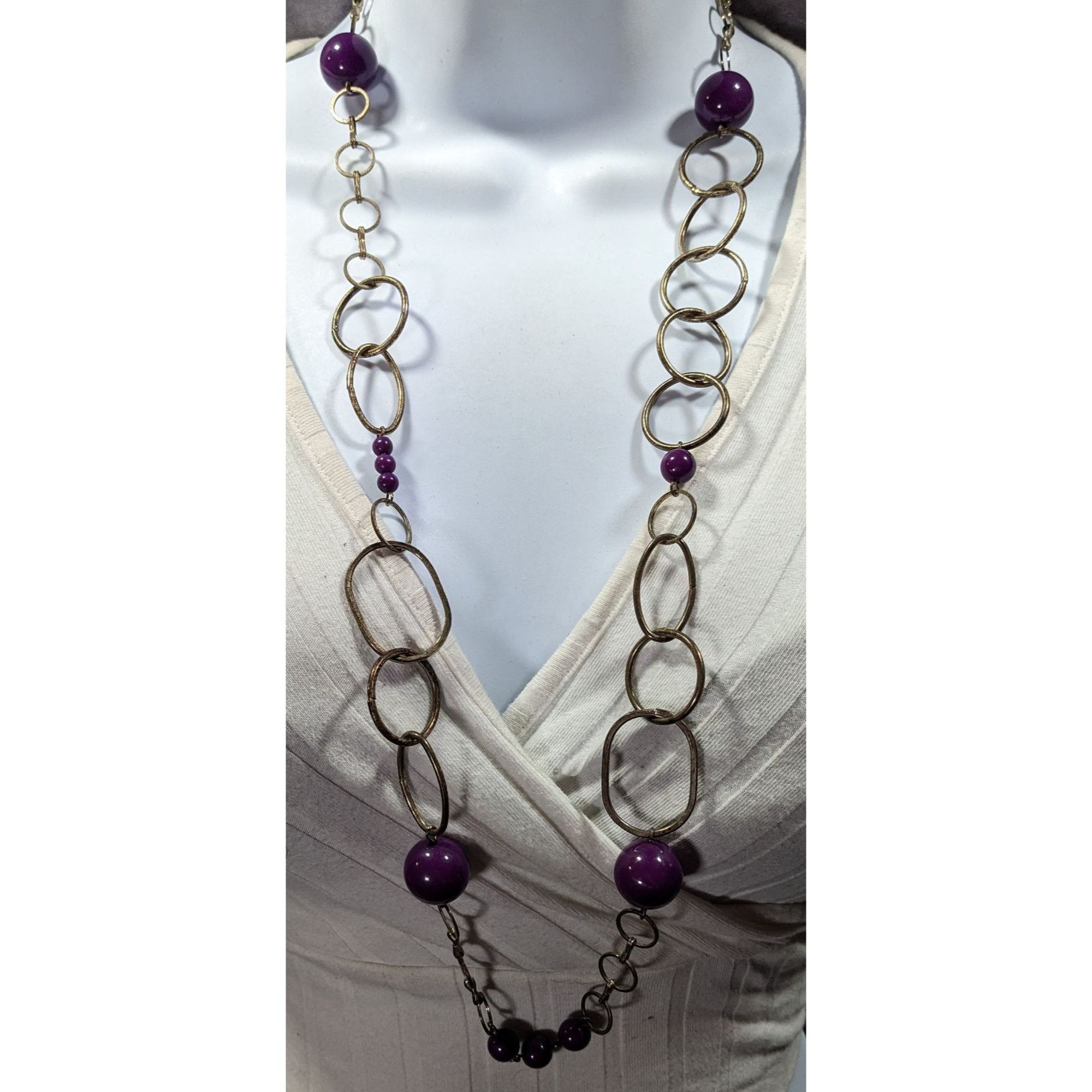 Other Chunky Silver Tone Chain Necklace With Purple Beads Size ONE SIZE - 2 Thumbnail