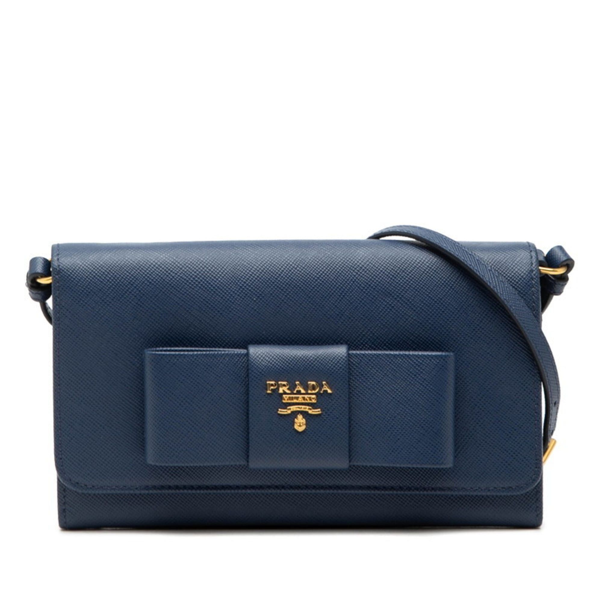 Prada Ribbon Shoulder Bag Wallet Blue Saffiano Leather Women's Prada