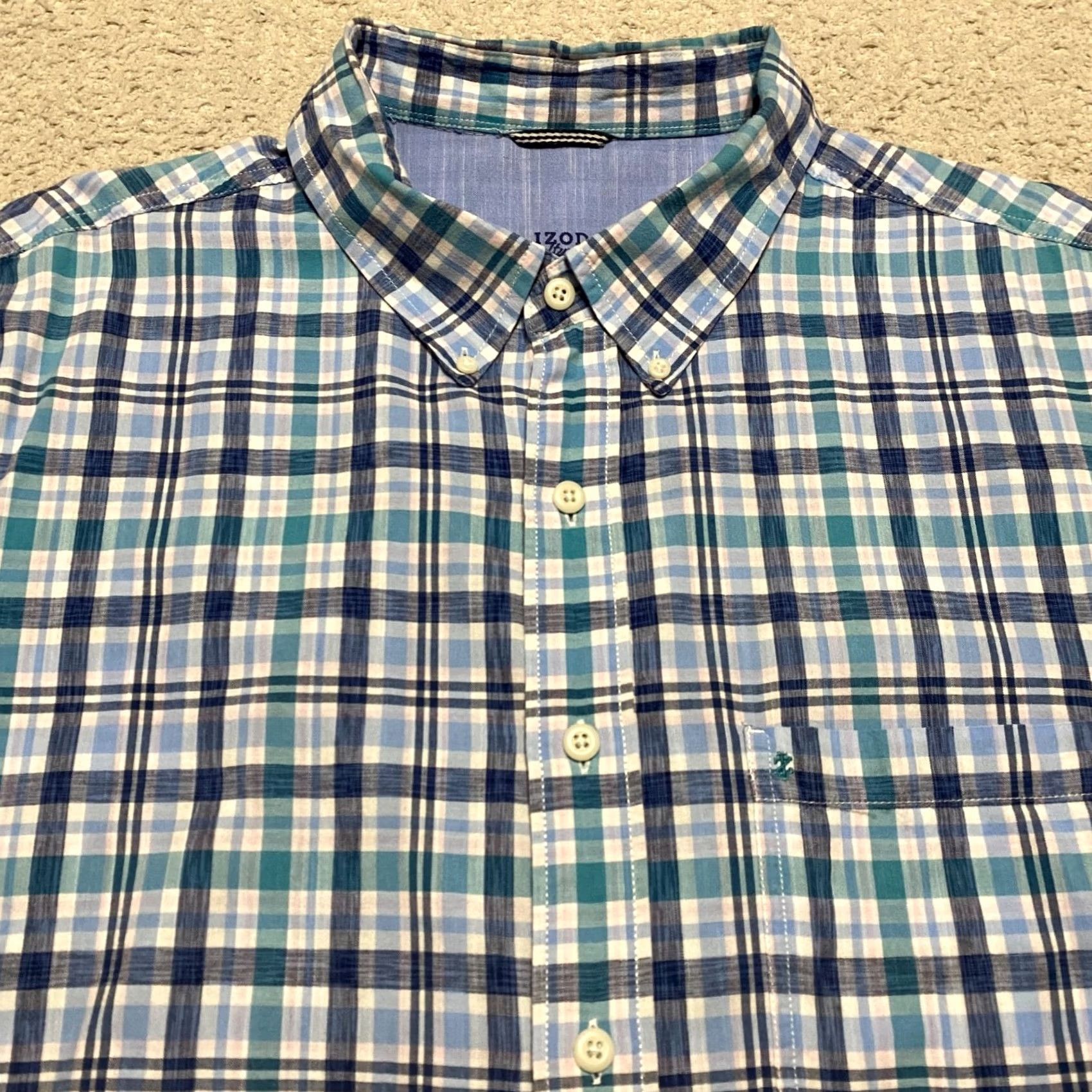 Izod IZOD Saltwater Button-Down Shirt Mens 2XL Multicolor Plaid Cotton Short Sleeve Button-Up Collar-Down Casual Travel Size US XXL / EU 58 / 5 - 6 Thumbnail