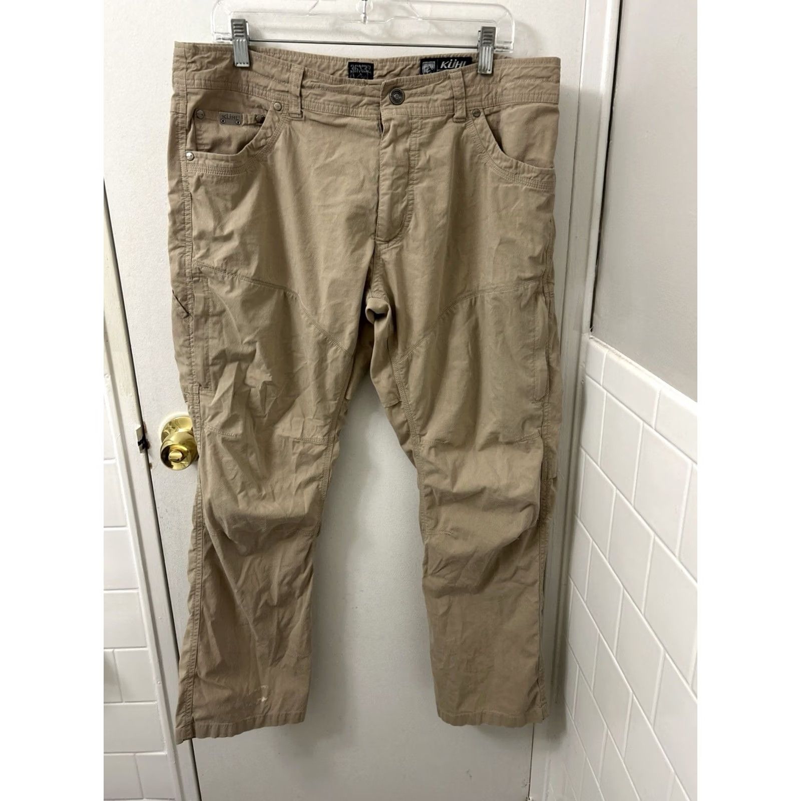 Vintage KÜHL Rydr Pants Mens 36x29 Tan Khaki Flat Front 5-Pocket Canvas Stretch Outdoor Hiking Casual Workwear Regular Fit Size US 36 / EU 52 - 2 Thumbnail