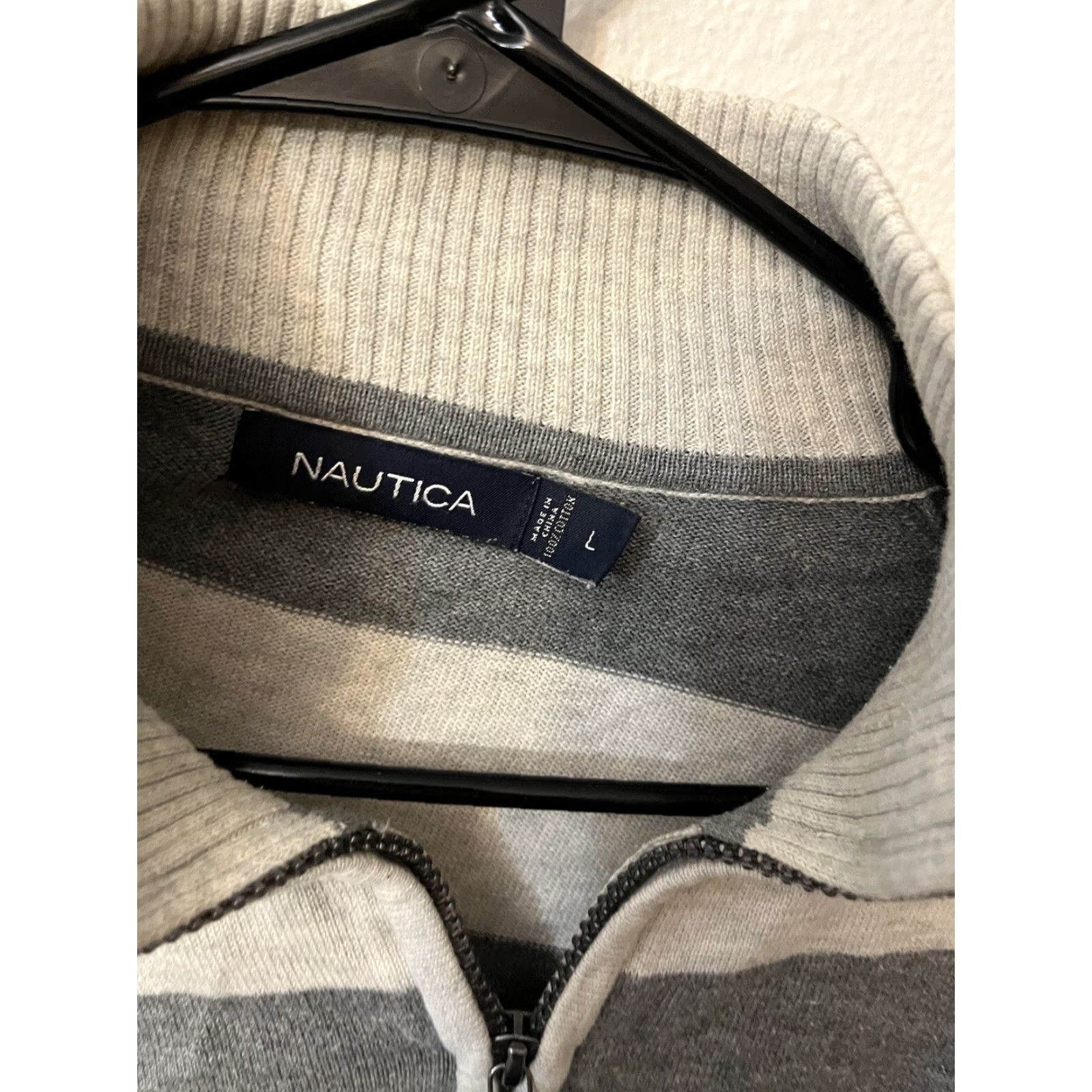 Nautica Nautica Sweater Mens Pullover 1/4 Zip Gray White Striped Long Sleeve L Regular Knit Fleece Logo Tight-Knit Size US L / EU 52-54 / 3 - 2 Thumbnail