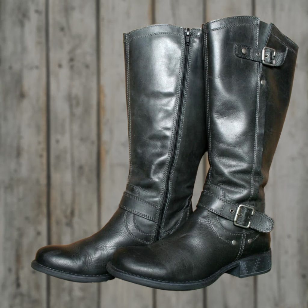 Vintage ERIC MICHAEL Montana Black Leather Studded Buckle Strap Boots EU 37 US 7 Women Riding Boot Knee High Chain Strap Zip Size US 7 / IT 37 - 1 Thumbnail