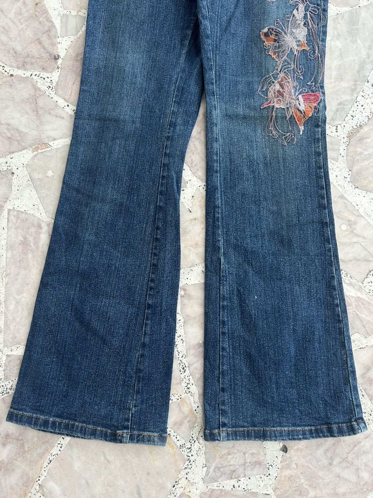 Japanese Brand Playchess Japan Flare Denim Floral Embroidered Vintage Jeans Size 29" - 3 Thumbnail