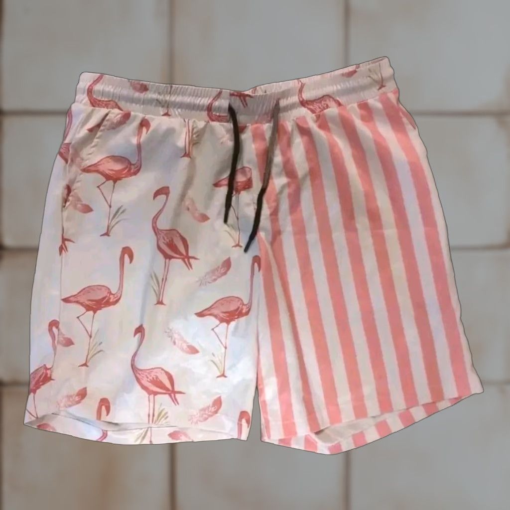 Pinko VINTAGE? No — Party Pants Mens Bottom L Pink Flamingos Stripes Back Pocket Lightweight Polyester Spandex Blended Fabric Short Pants Mens Size US 33 - 1 Thumbnail