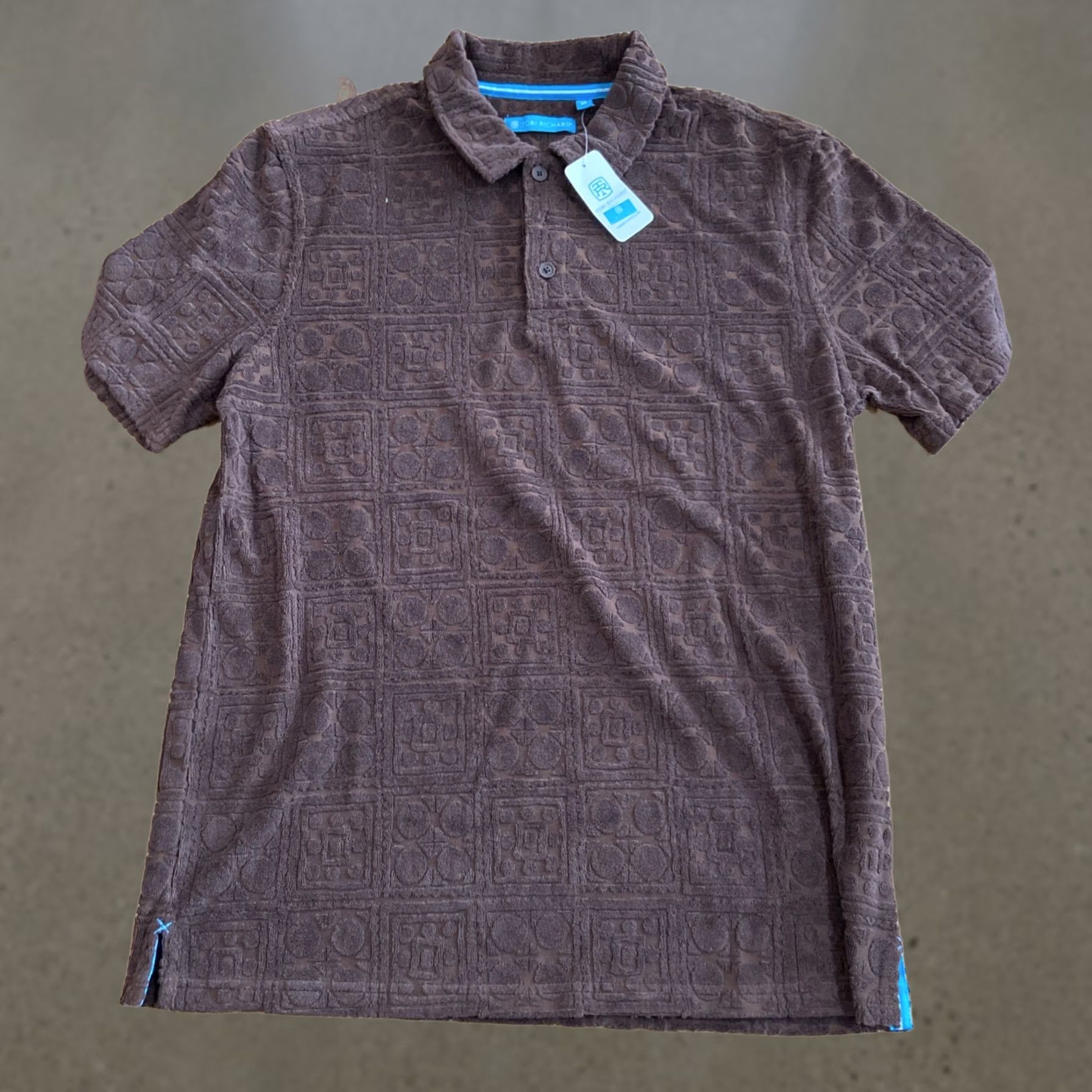 Tori Richard NWT TORI Richard Mens M Woodcut Bungalow Jacquard Terry Polo-Brown 3D Texture Shirt Mens Size US M / EU 48-50 / 2 - 1 Thumbnail