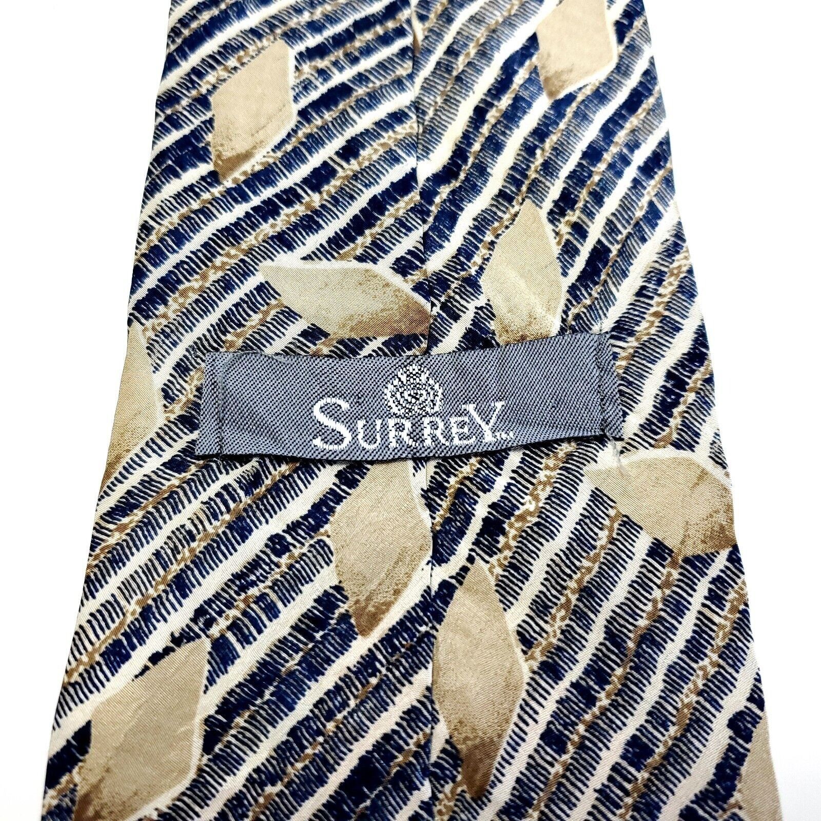 Designer Surrey Blue Tan Striped Abstract Print Short Wide Silk Tie Size ONE SIZE - 3 Thumbnail