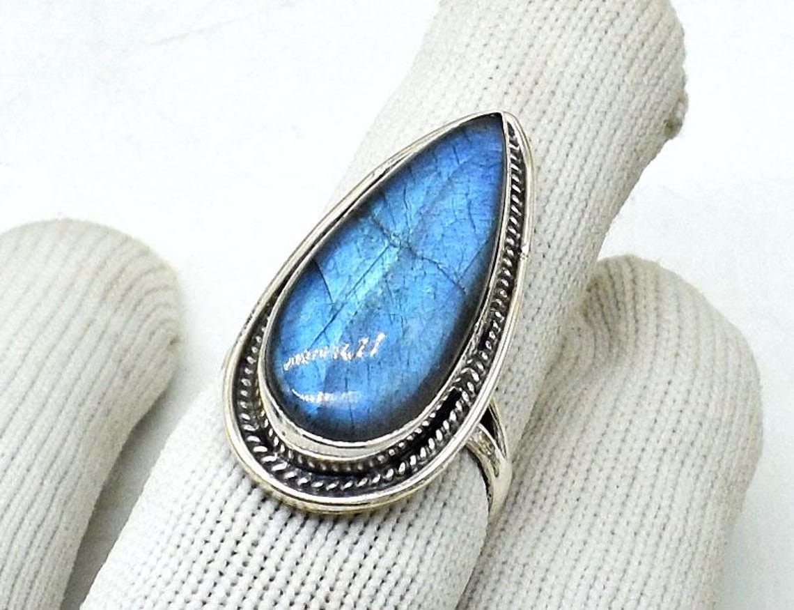 Handmade Pear Labradorite 925 Sterling Silver Boho Bridal Ring Size ONE SIZE - 1 Thumbnail