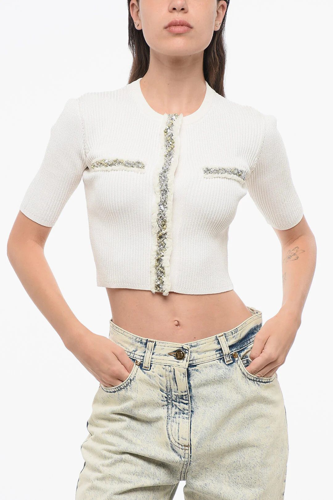 Balmain og1mm0326 Cropped Short-Sleeve Cardigan in White Size XS / US 0-2 / IT 36-38 - 1 Thumbnail