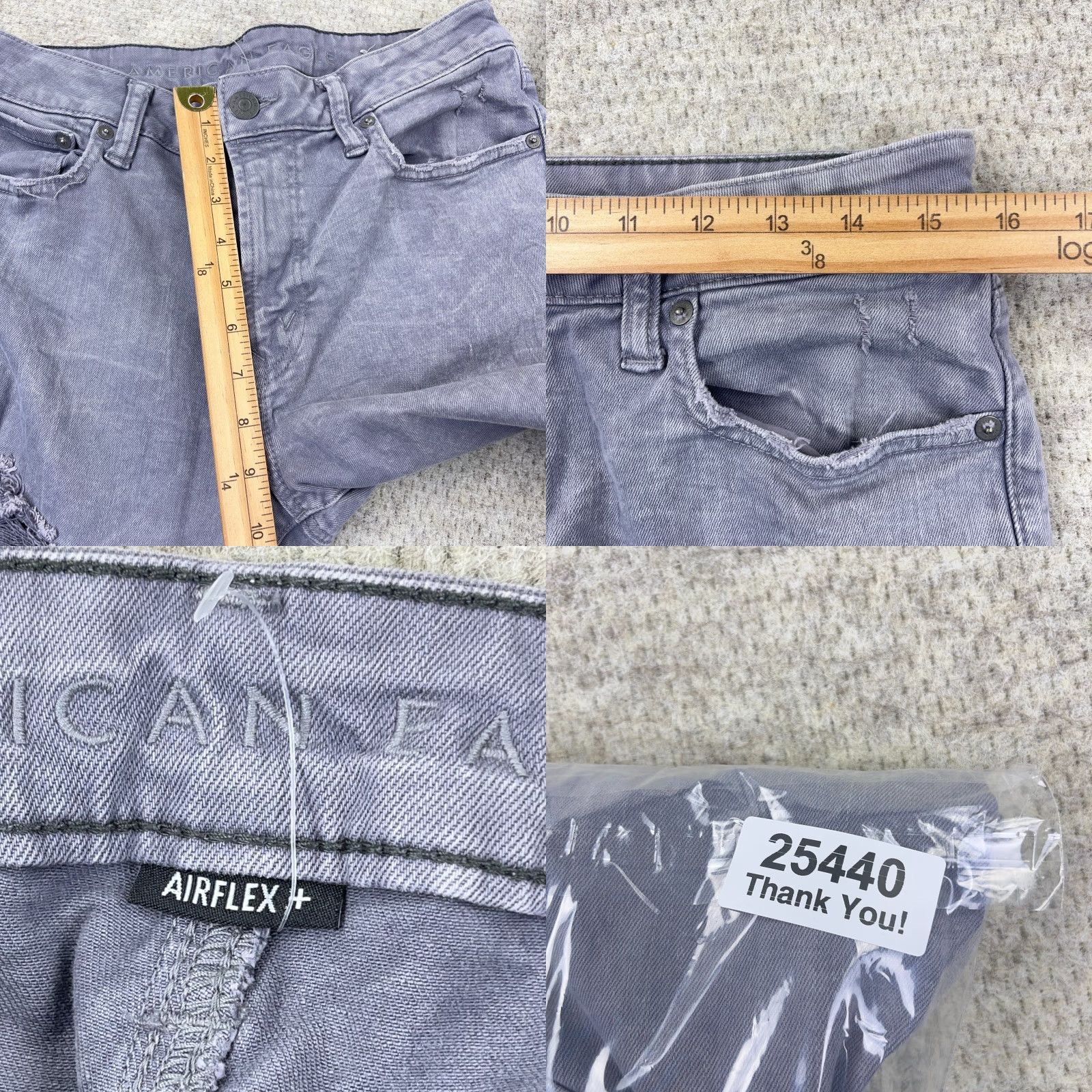American Eagle Outfitters American Eagle Jeans Men Slim Straight 31x34 Gray Distressed Holes Rips Airflex 5-Pocket Denim Cotton Blend Ship New? Size US 31 - 9 Thumbnail