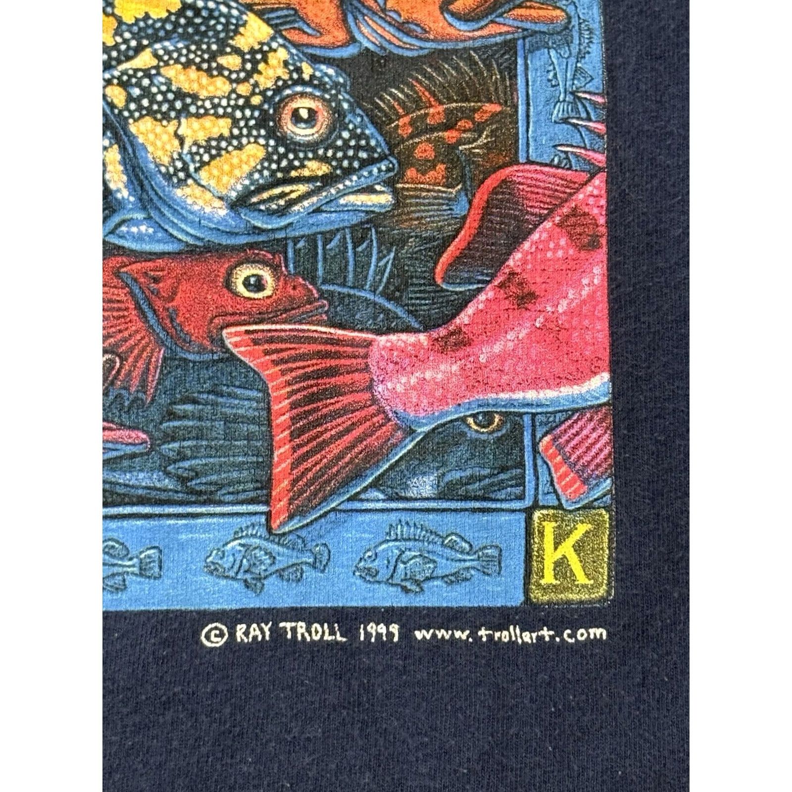 Hanes VINTAGE Ray Troll 'Long Live Rockfish' Art Shirt Large Striped Bass Texas 90s Blue Mens Size US L / EU 52-54 / 3 - 6 Thumbnail