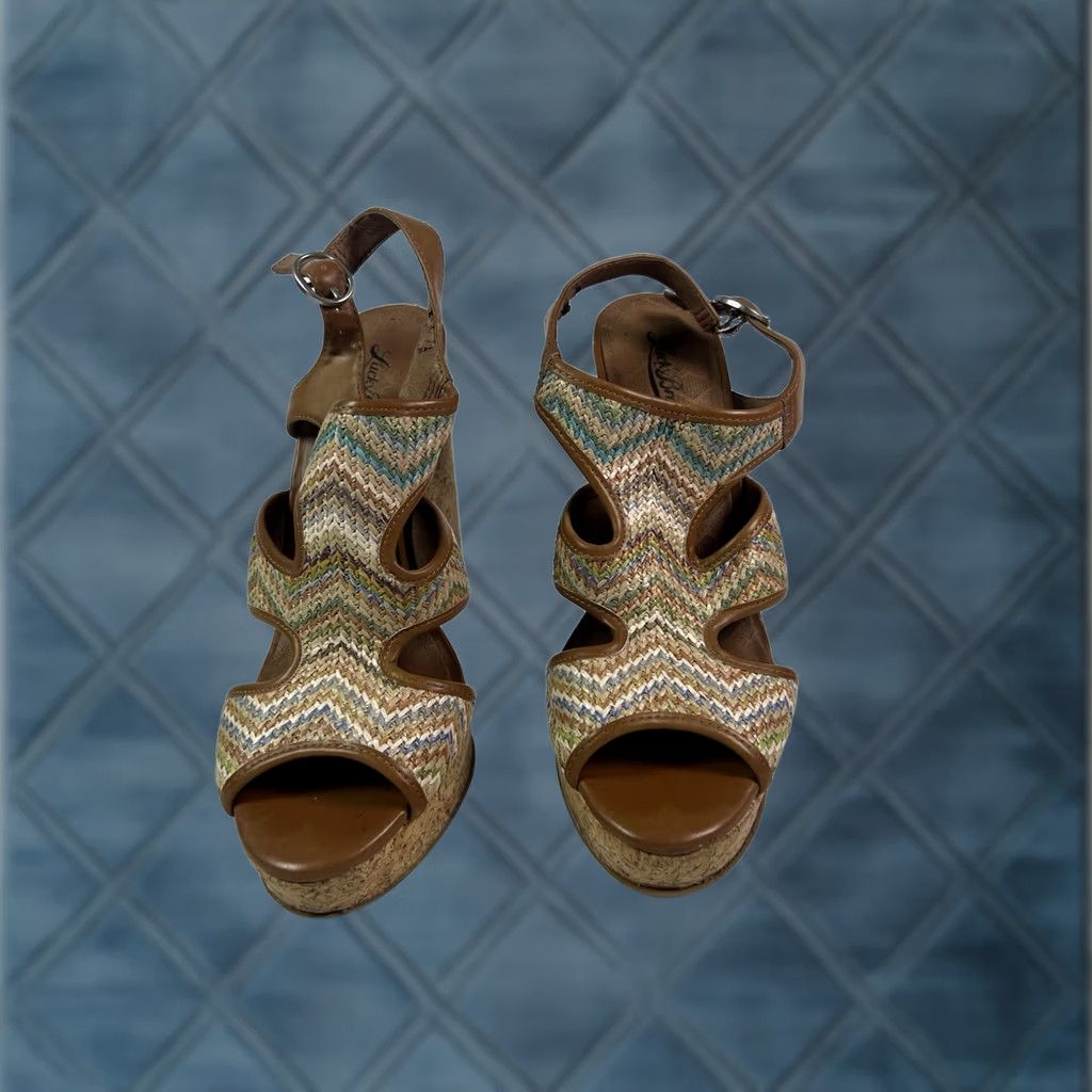 Lucky Brand VINTAGE None Lucky Brand Coleen Wedge Sandal Women Size 9 Casual Slingback Buckle Leather Upper Black Brown 4 in & Higher Womens Size US 9 / IT 39 - 1 Thumbnail