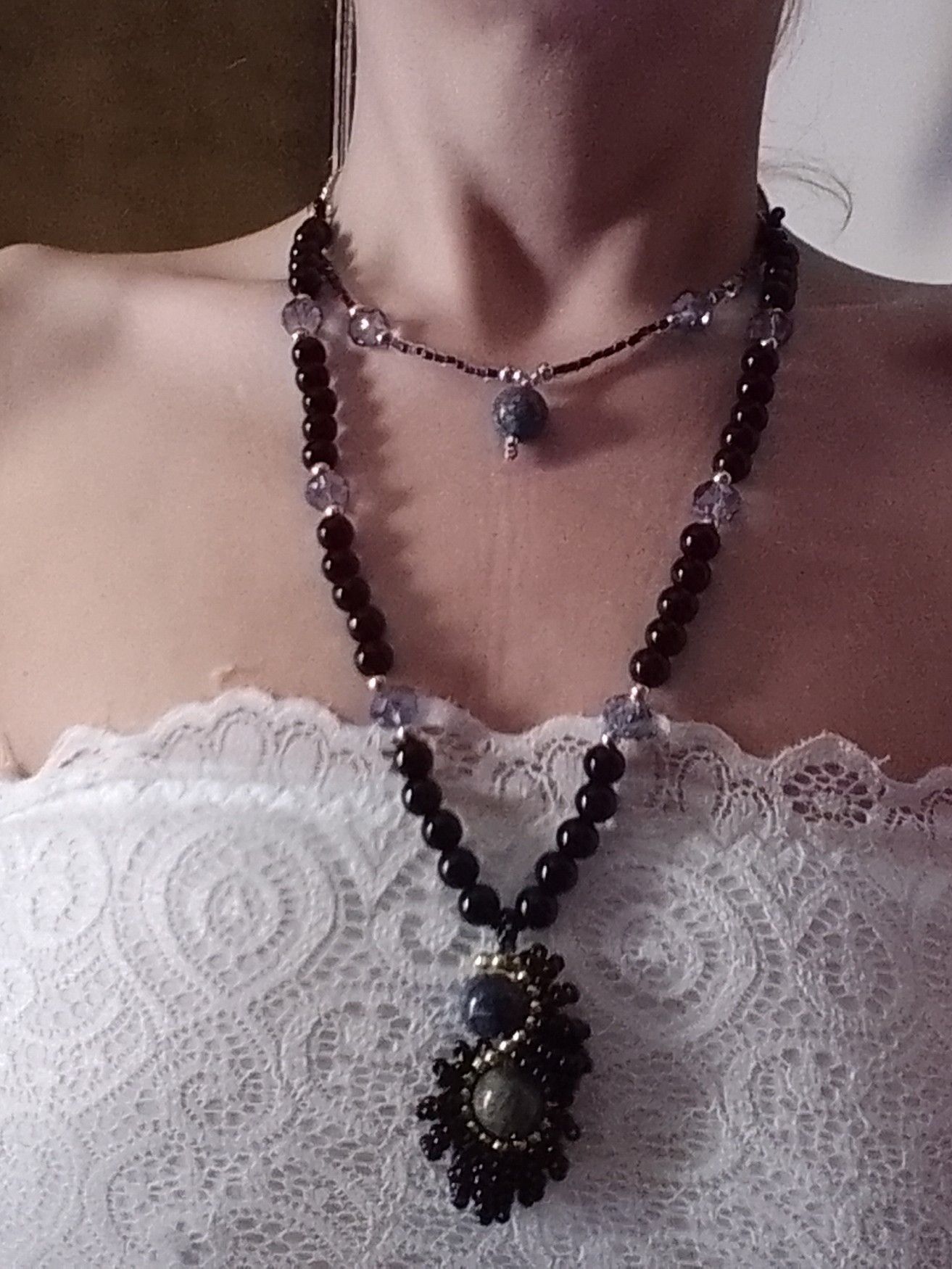 Handmade Long Black Necklace Lapis lazuli gemstone Double Thread Size ONE SIZE - 5 Thumbnail