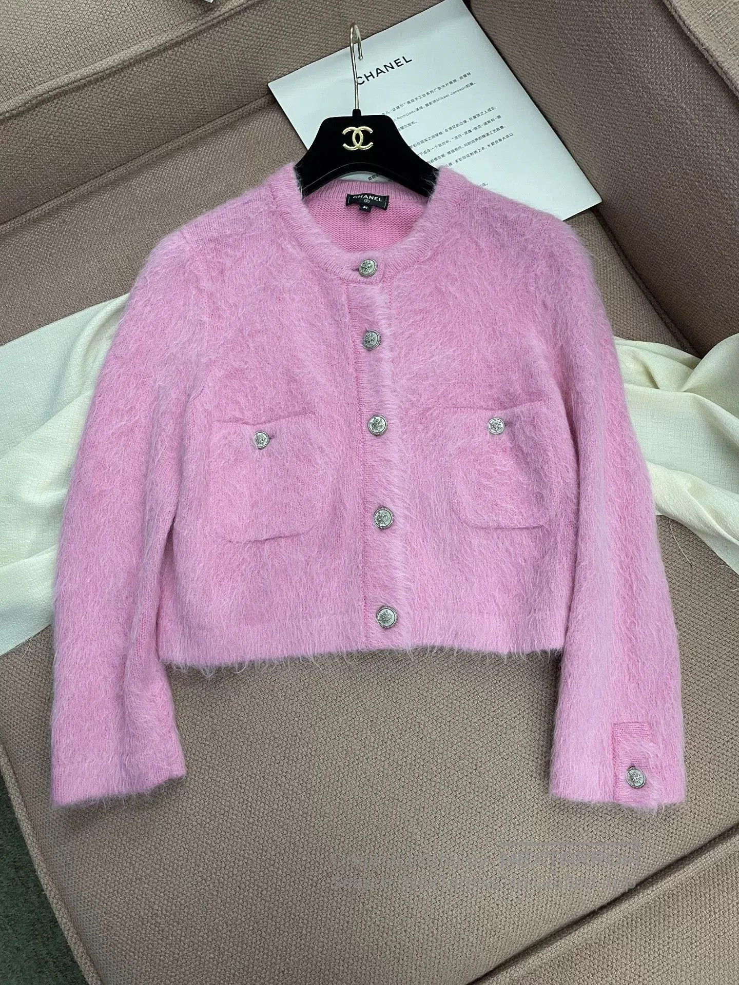 Chanel Pink Snowflake Button Cashmere Cardigan.