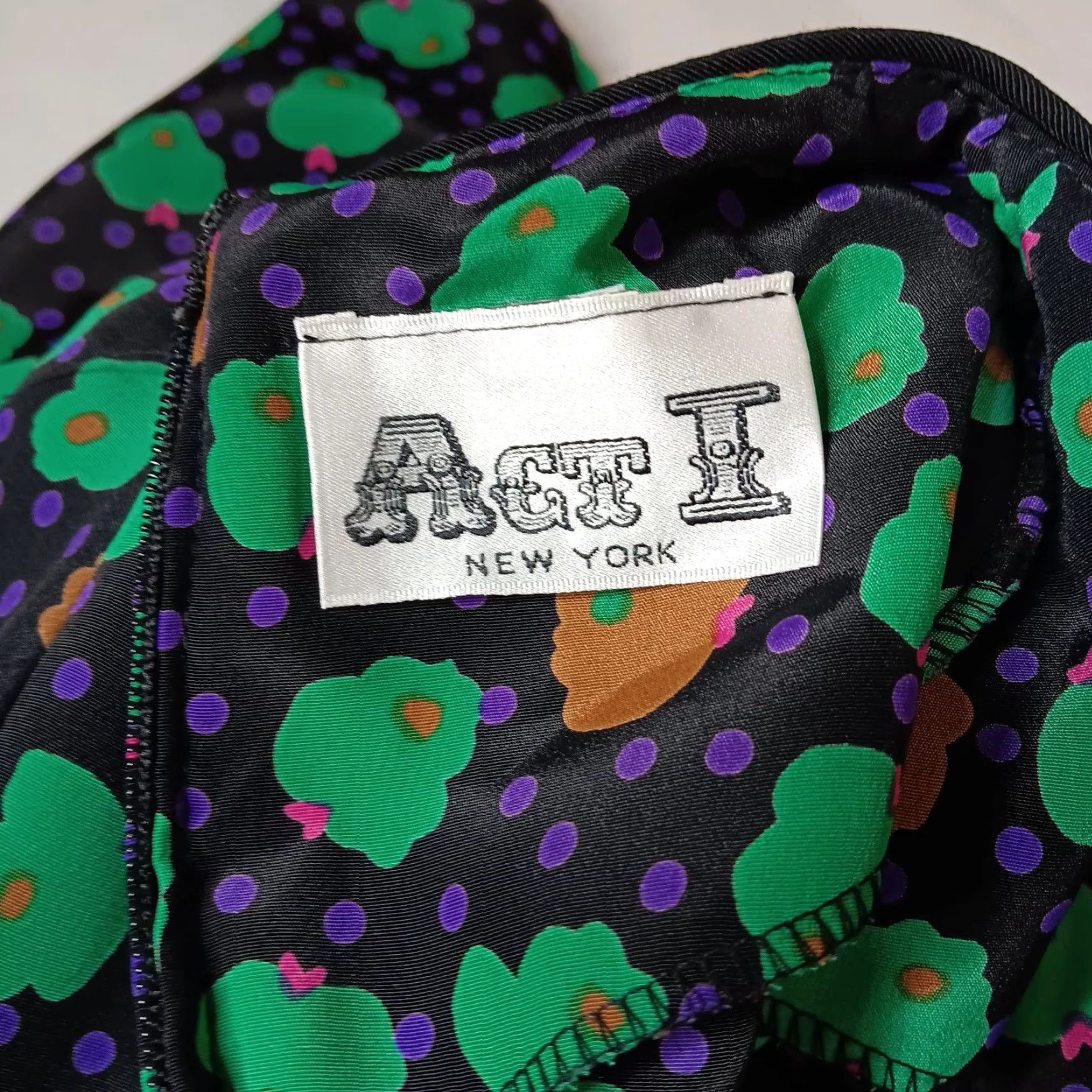 Vintage VINTAGE ACT I Dress Midi Floral Polka Dot Bow 80s A-Line Long Sleeve Black Green Purple Brown 7/8 Women's Boys Girls? Size M / US 6-8 / IT 42-44 - 2 Thumbnail
