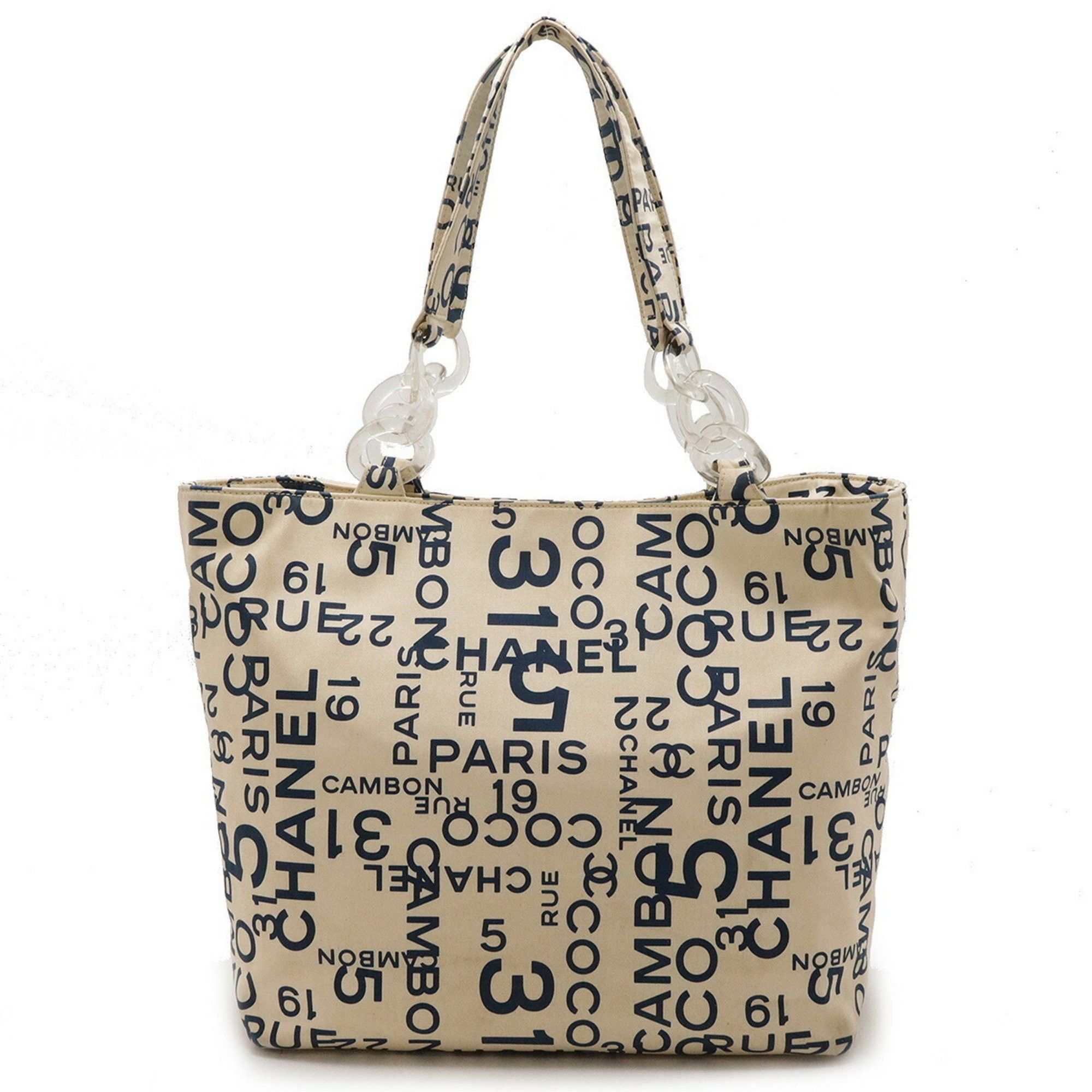Chanel By Sea Line Tote Bag Large Plastic Chain Canvas Ivory Blue A18303, Women's