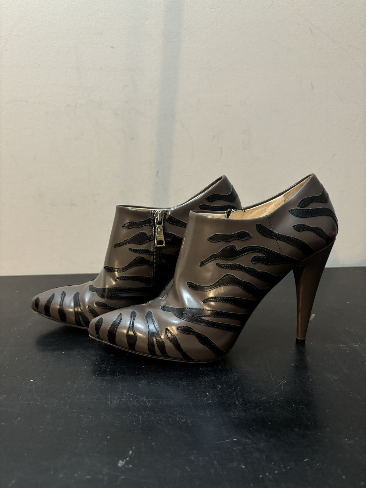 Prada Prada Leather Tiger Stripe Heeled Booties Brown Black Size US 7.5 / IT 37.5 - 1 Thumbnail
