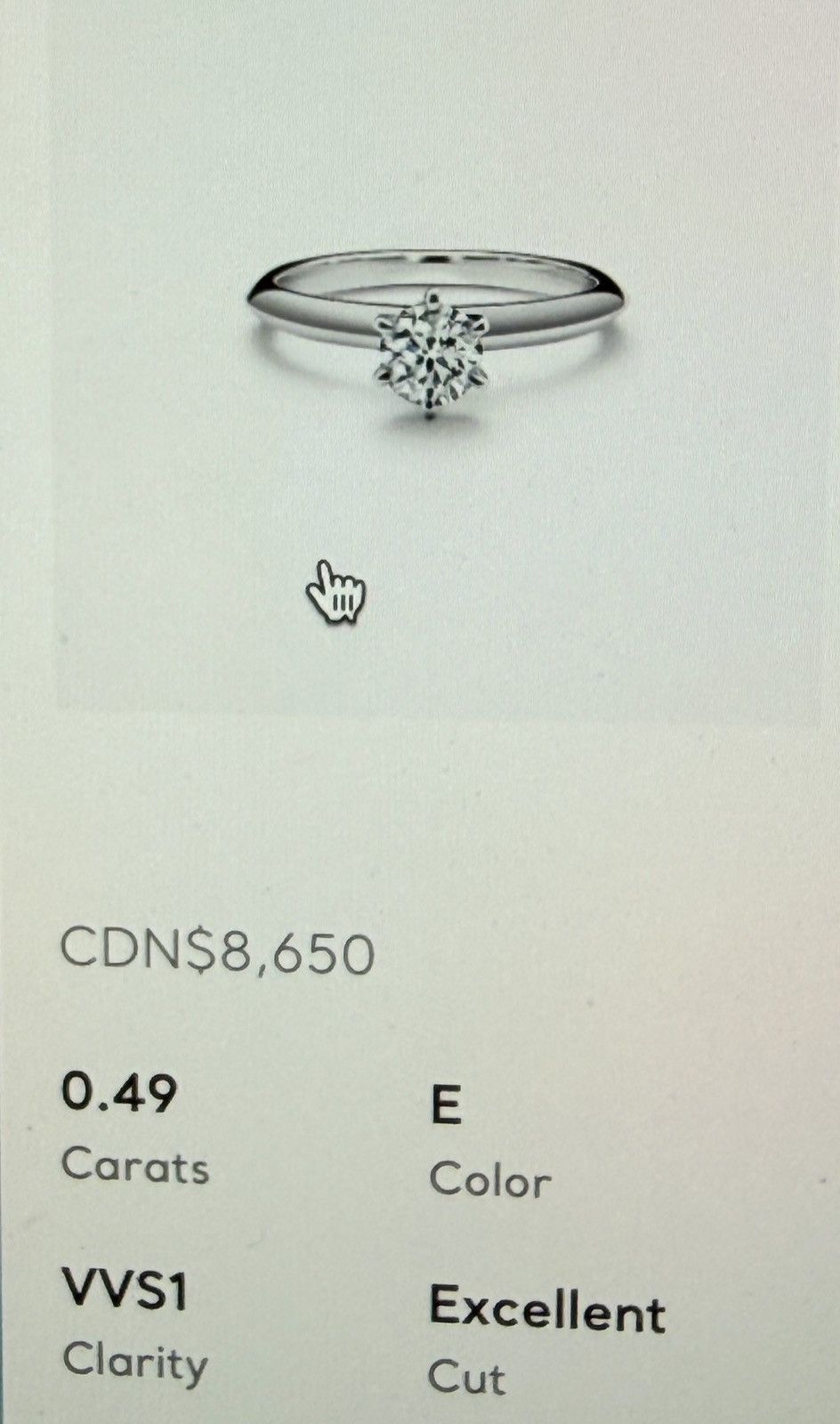 Tiffany & Co. $8,650 Tiffany&Co. Platinum 0.49ct E VS1 Round Diamond Ring Size ONE SIZE - 6 Thumbnail