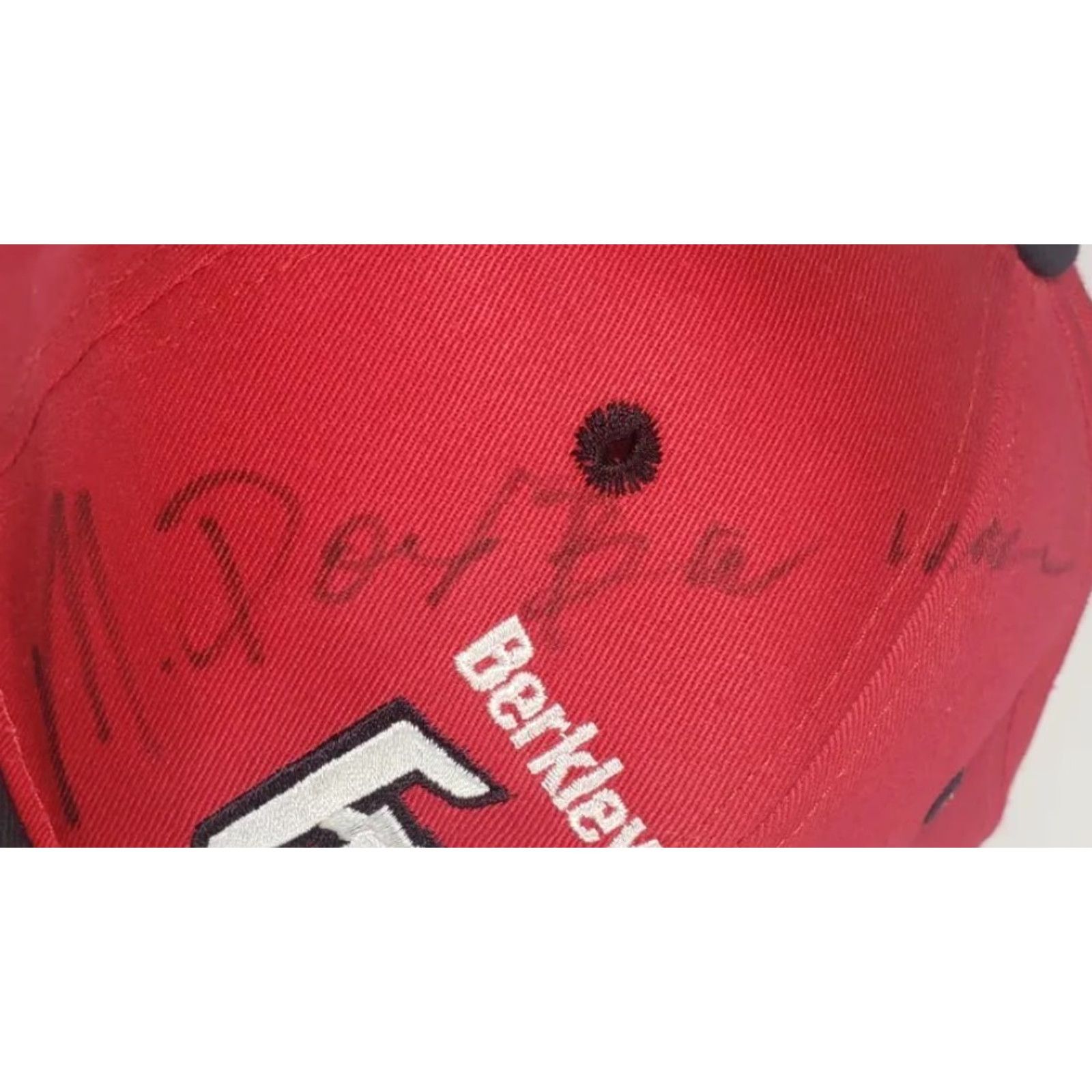 Vintage VINTAGE Berkley Frenzy Snapback Cap Hat Fishing Black Red Pike Bass SIGNED Lure Rod Chamberlain Men One Size Red Twill Cotton Hat Casual Fish Size ONE SIZE - 3 Thumbnail
