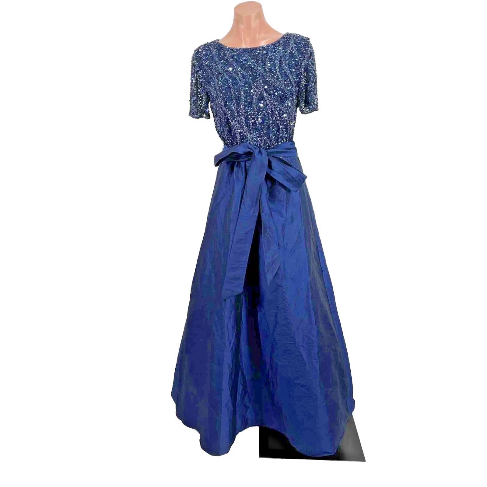 Vintage VINTAGE Pisarro Nights Sequin Bodice Gown Navy Blue Ball Gown Maxi Dress Womens SZ 8 Slim Fit & Flare Satin Cap Sleeve Crew Neck NWT Size M / US 6-8 / IT 42-44 - 2 Thumbnail